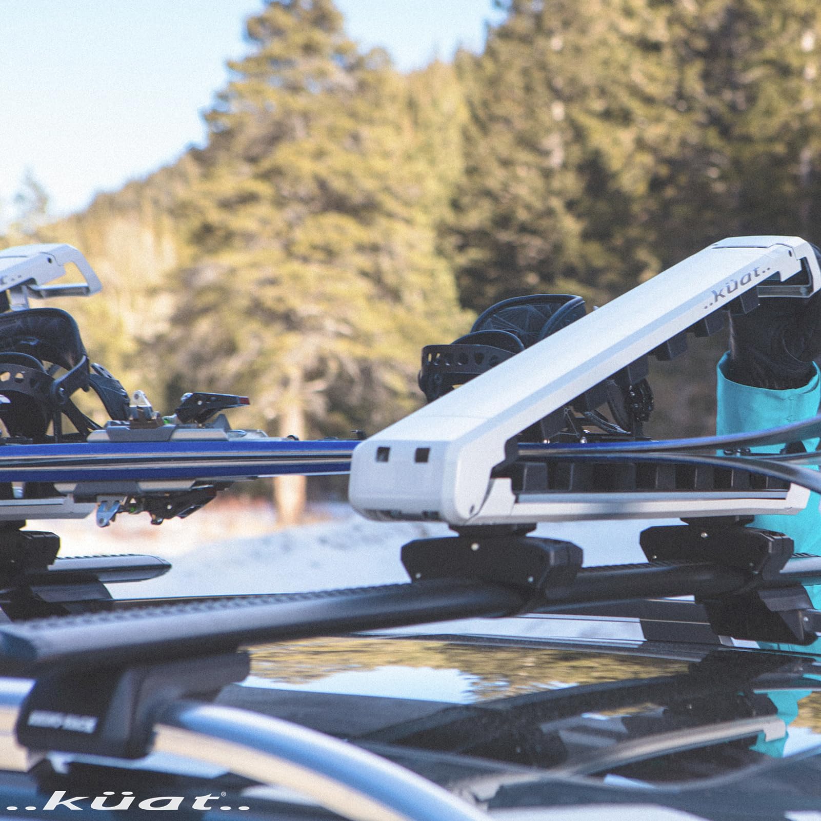 Grip 4 KUAT Durable Universal Car SUV Rooftop Crossbars Mounted Winter Sports Gear Hauling Transportation Slide-Out Locking Clamshell Rack, Fits 4 Skis/2 Snowboards - Pearl with Silver Anodize