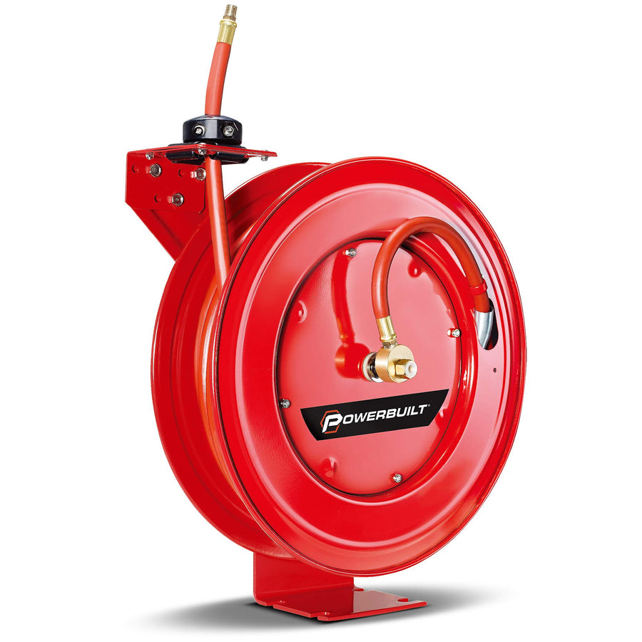 Powerbuilt Heavy Duty Auto Retracting Hose Reel with 3/8 Inch by 50 Foot Air, Max 300 PSI, Ceiling/Wall Mounted Heavy Duty Industrial Commercial Air Compressor Hose Reel - 642228