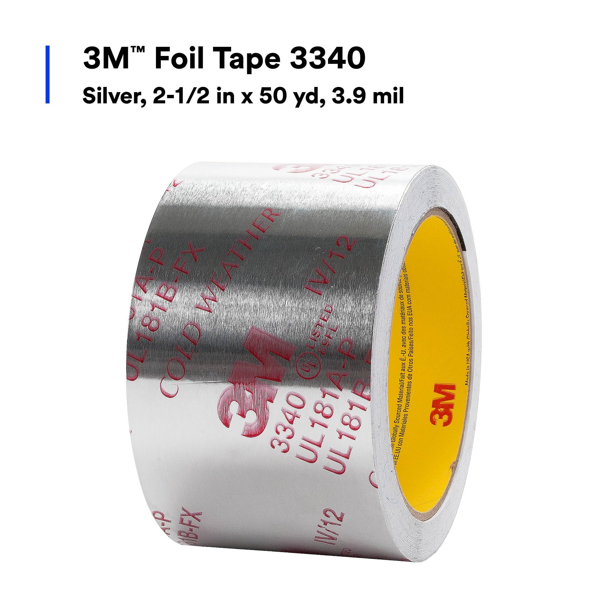 2.5" x 50 yd 3M Aluminum Foil Tape 3340, 4.0 mil, Silver, HVAC, Sealing and Patching Hot and Cold Air Ducts, Fiberglass Duct Board, Insulation, Metal Repair