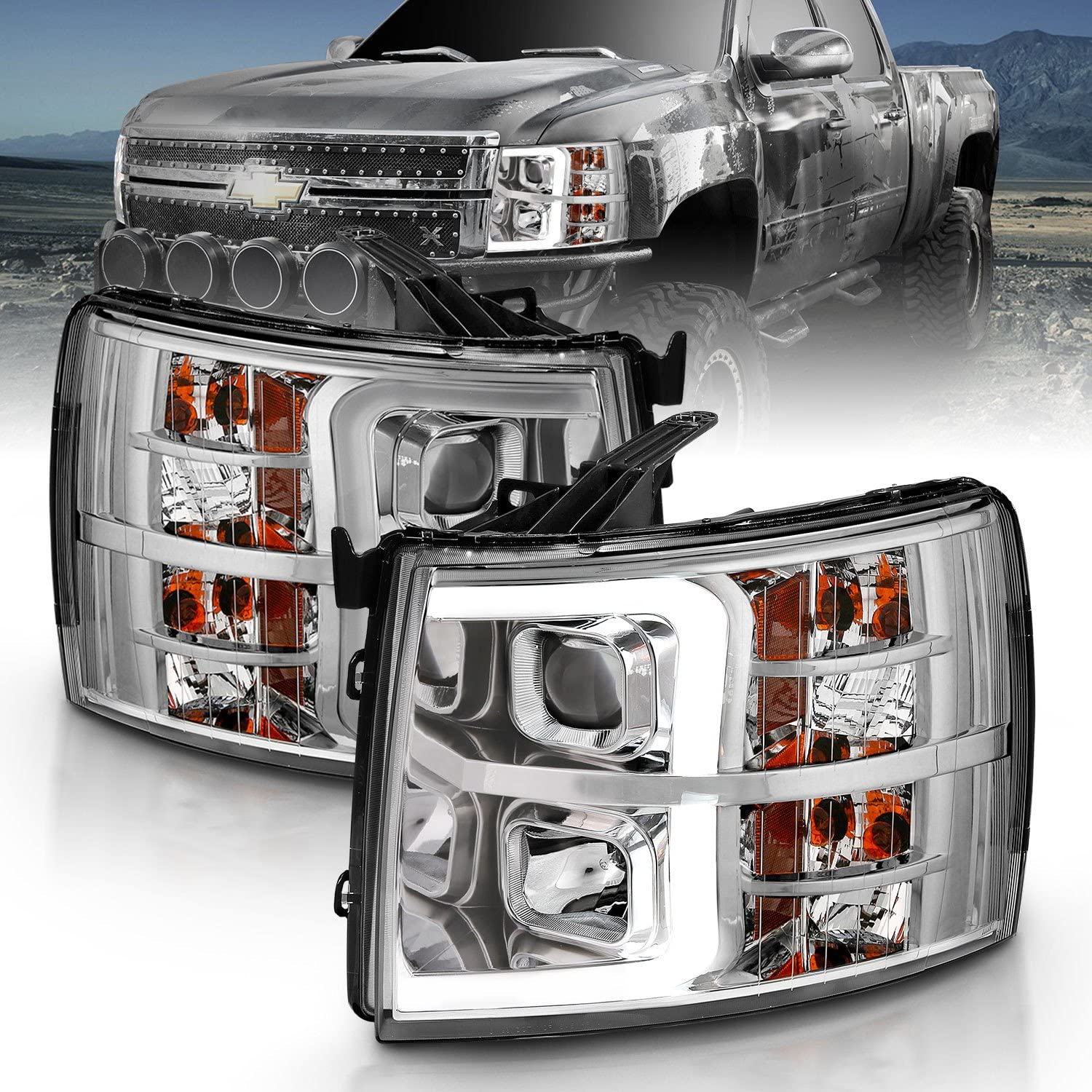 CHEVY SILVERADO 1500 ANZO USA 07-13 / 2500HD/3500HD 07-14 PROJECTOR PLANK HEADLIGHTS CHROME