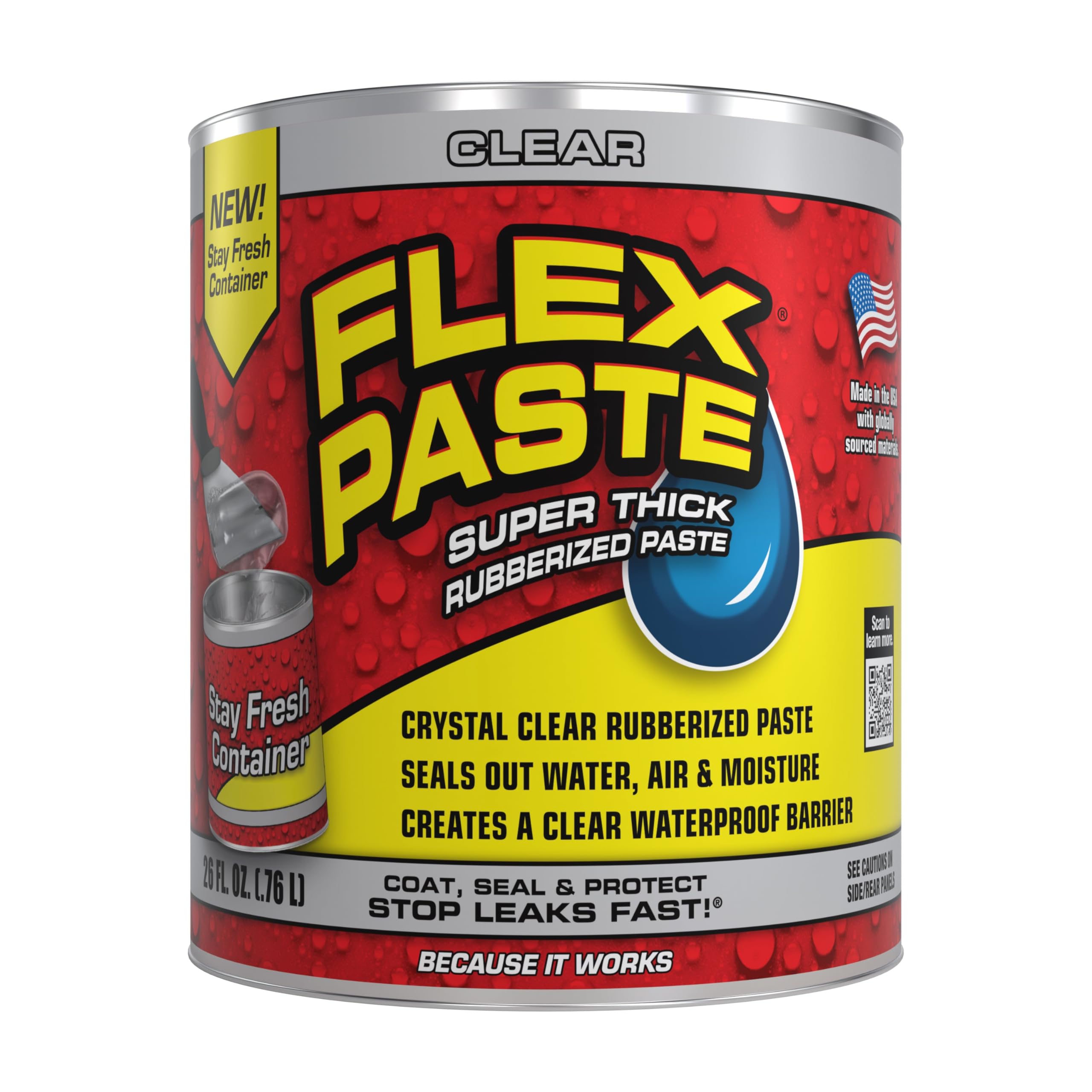 Flex Paste, Paintable Waterproof Putty, Spackle Sealant, Fill Gaps Cracks Holes - Block Out Water and Air - UV Resistant - Walls, Drywall, EPDM, Concrete, Roof, RV Repairs, Clear, Quart