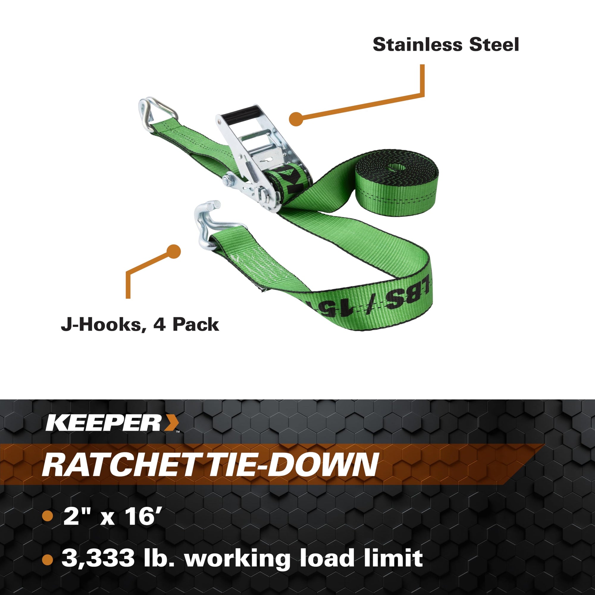 16' x 2" Keeper Ratchet Tie-Down with J-Hooks, 4 Pack, Green