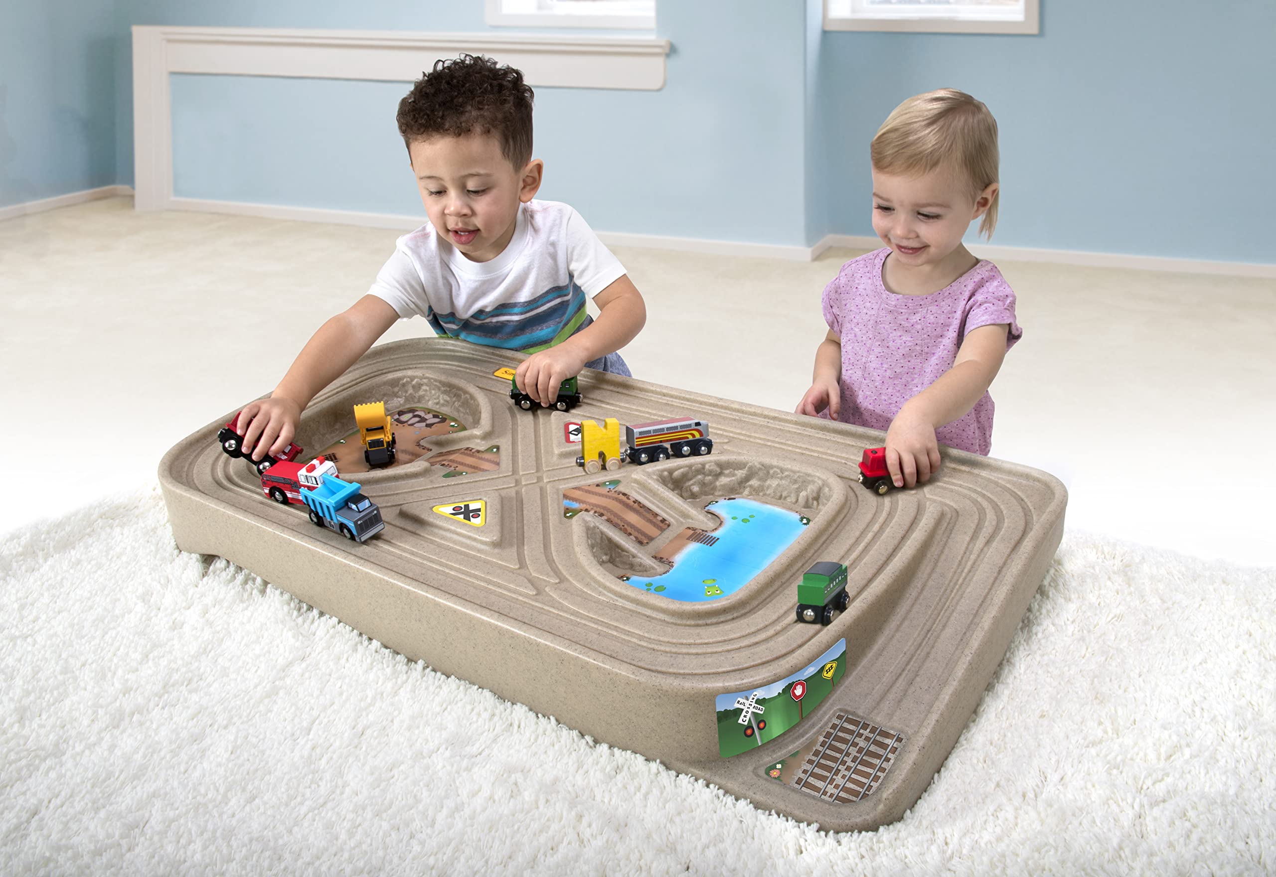 Simplay3 Kids Race Track Toy Car Train Table Portable Carry and Go, 2-Sided No Assembly for Children 3 4 5 6 7 Years Old Boys Girls, Made in USA