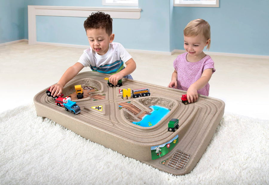 Simplay3 Kids Race Track Toy Car Train Table Portable Carry and Go, 2-Sided No Assembly for Children 3 4 5 6 7 Years Old Boys Girls, Made in USA