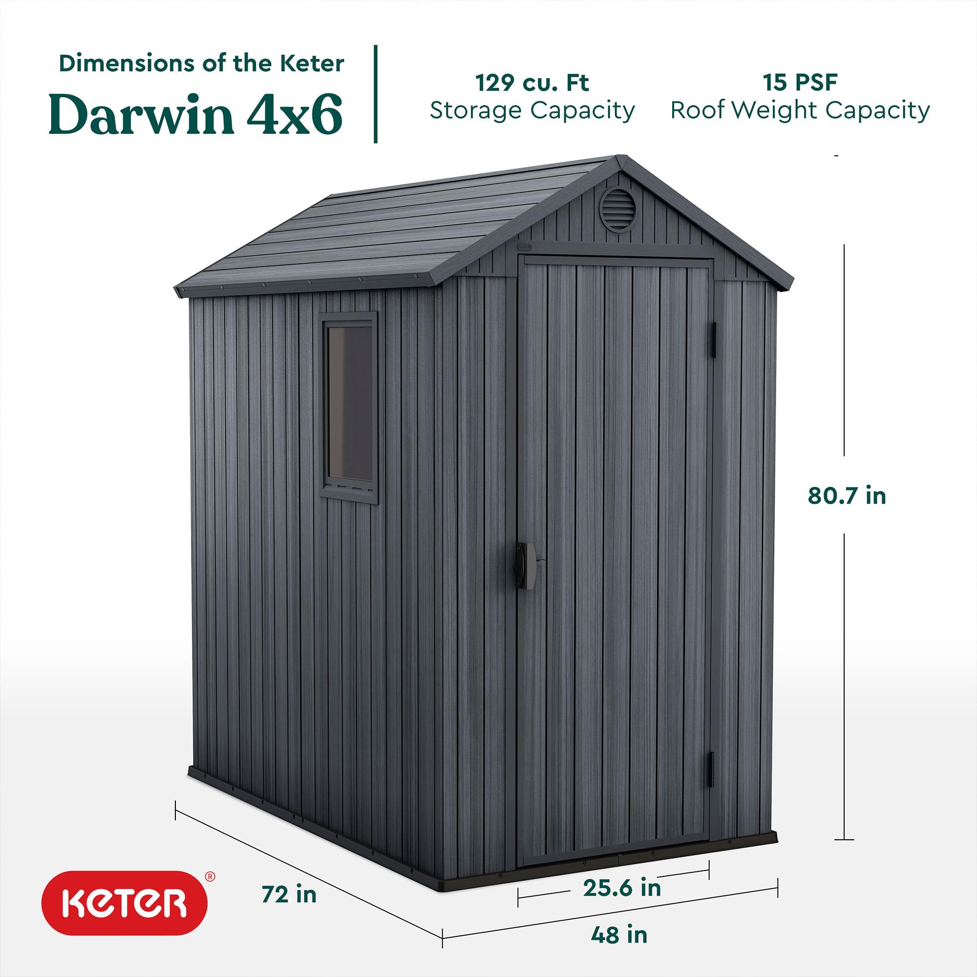 Keter 4x6 Feet Darwin Outdoor Storage Shed, Graphite Gray – Lockable Resin Organizer Unit with Single Door, Window, and Skylight for Backyard, Garden, or Lawn Organization