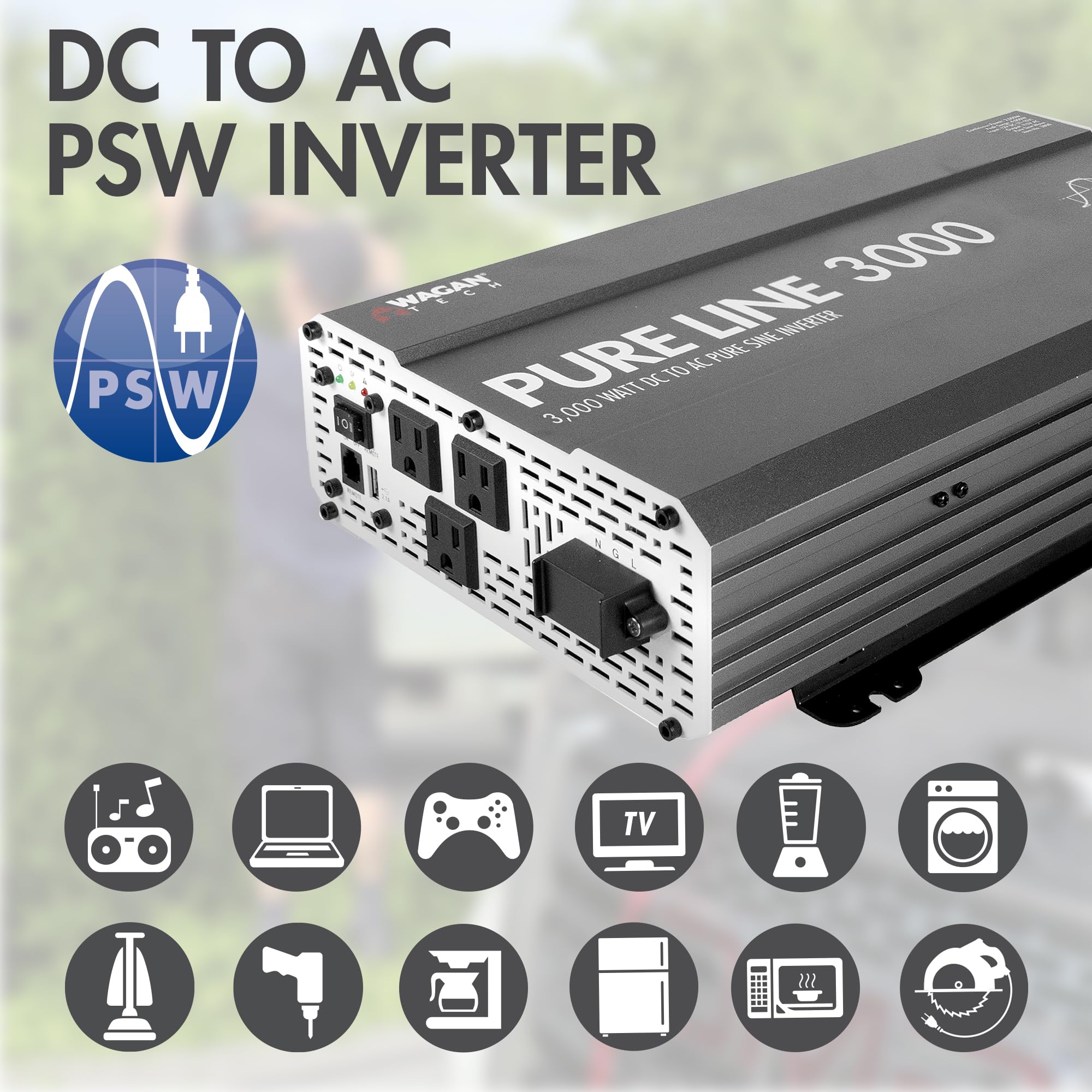 Wagan 3000 watt EL3810 Pure Line Power Inverter 6000 Watt Peak Surge Power DC 12V to 110V AC Car Inverter ETL Certified
