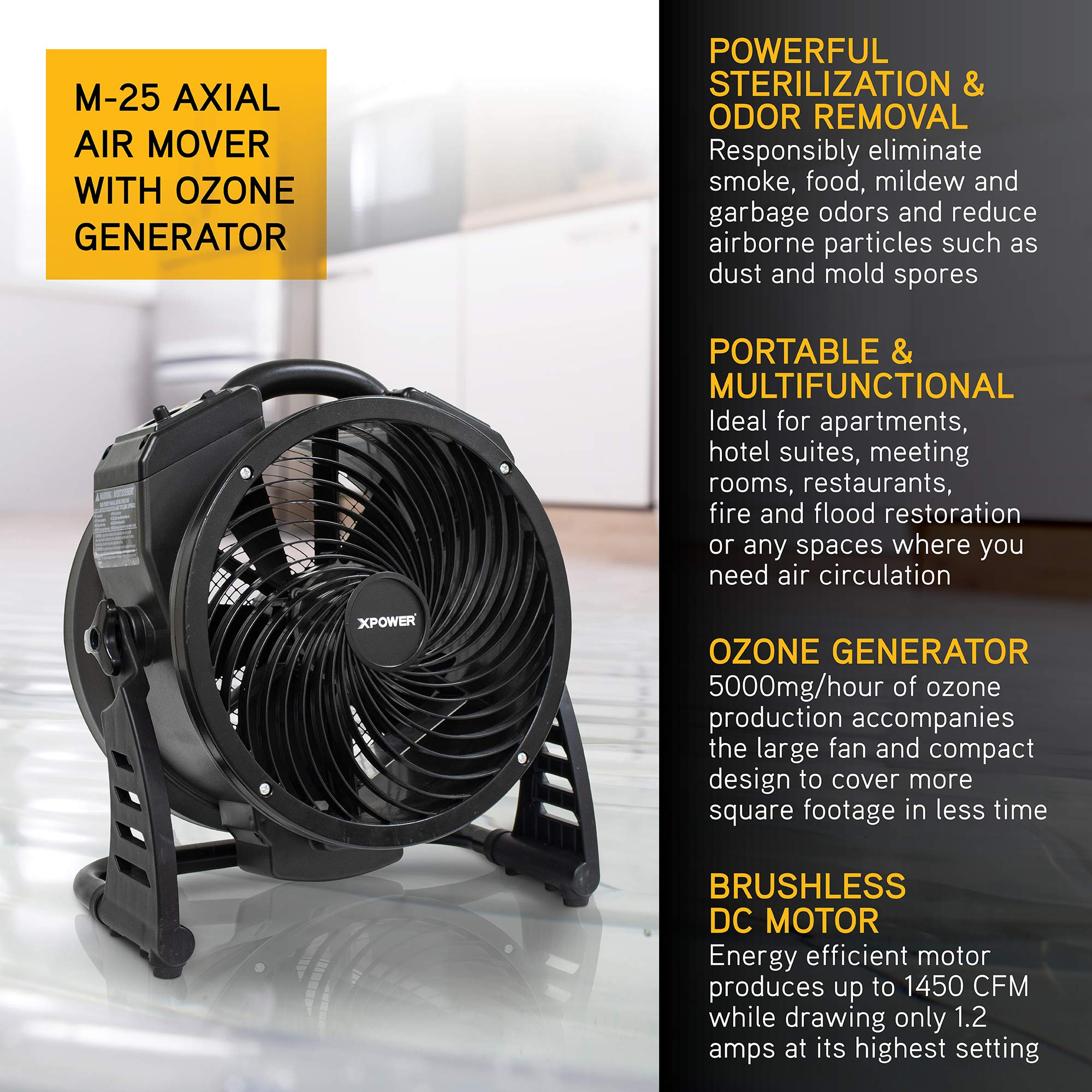 Air Neutralizing Fan XPOWER M-25, Axial Air Mover w/Ozone Generator, O3 Machine, Commercial, High Capacity, Large Areas, Sanitization, Odor Removal
