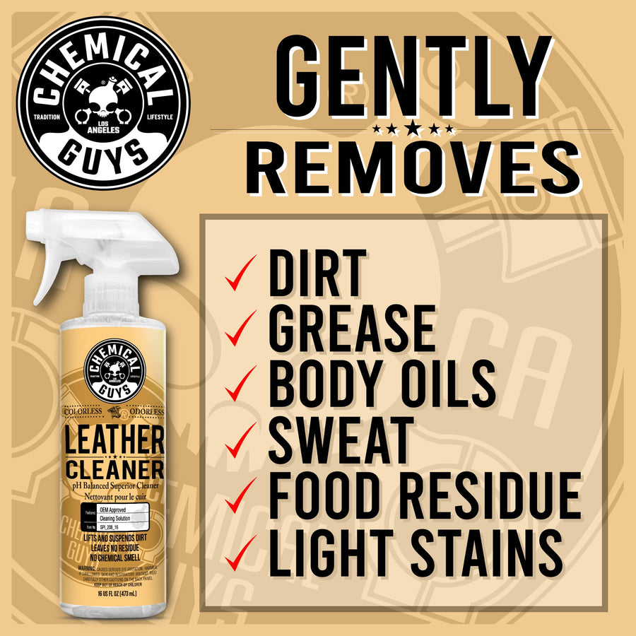 Chemical Guys Leather Cleaner Colorless and Odorless - Safe for Natural, Synthetic, Faux, and Pleather, Car Interior Cleaner, Safe for Furniture, Boots, Apparel, & More - 16 oz