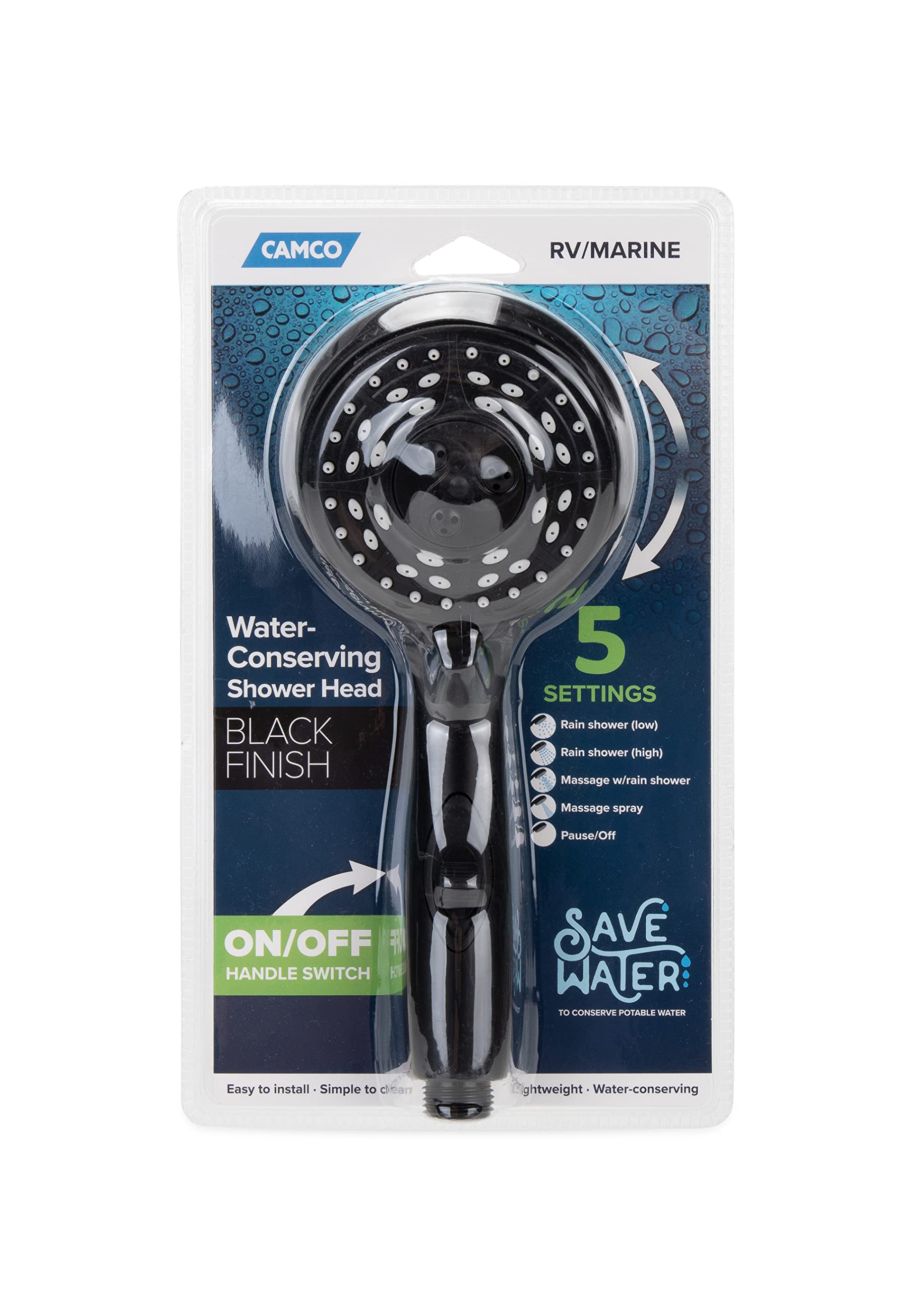 Shower Head Camco RV/Marine | Features Convenient On/Off Switch for Water Efficient Showers | 5 Spray Patterns | Black (43743)