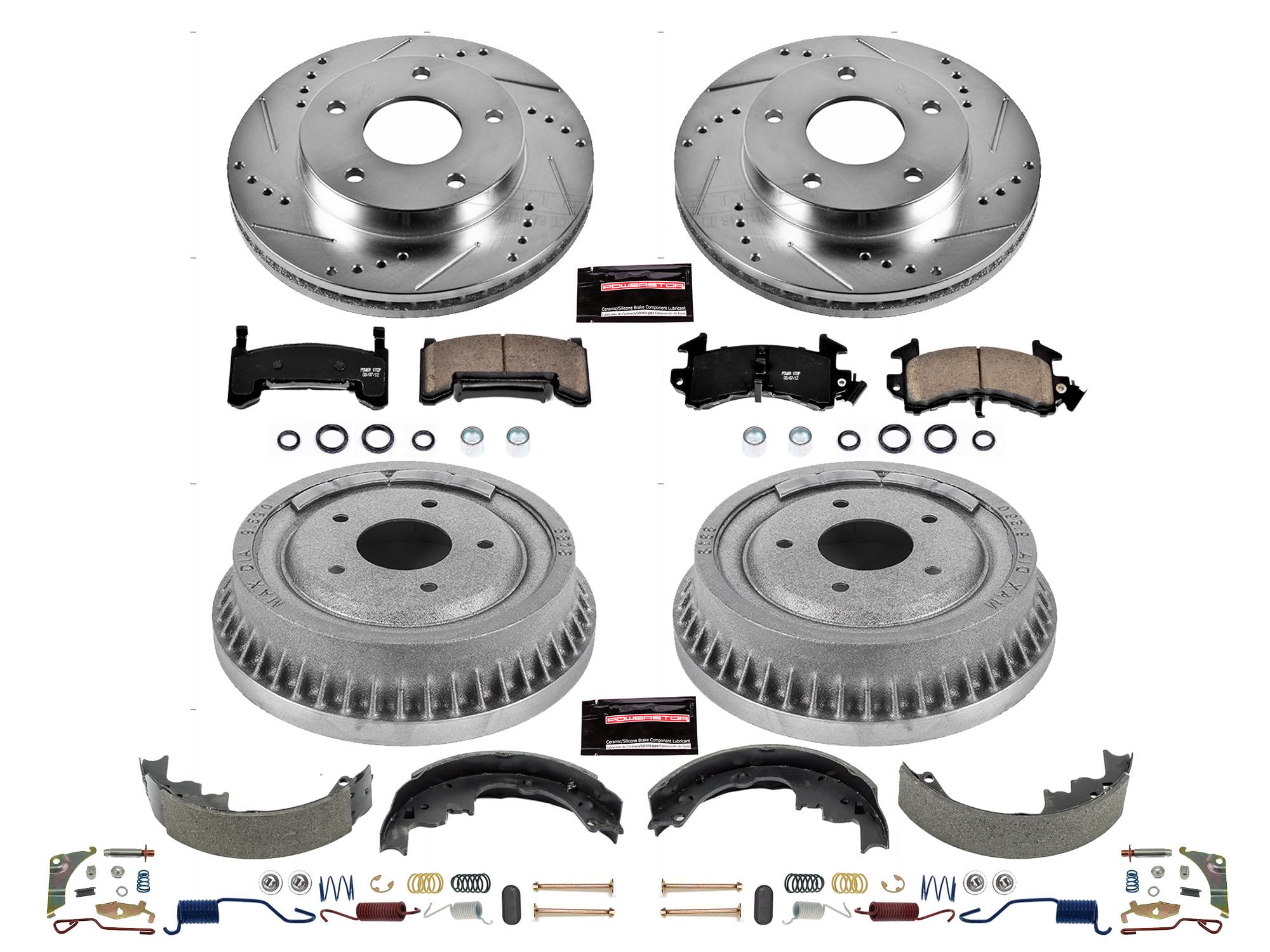 Power Stop K15052DK Z23 Carbon Fiber Brake Pads Front and Rear with Drilled & Slotted Brake Drums Kit For GMC S15 1984, GMC S15 Jimmy 1984 [Model Specific]
