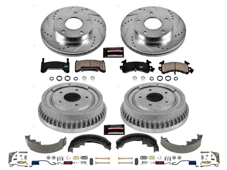 Power Stop K15052DK Z23 Carbon Fiber Brake Pads Front and Rear with Drilled & Slotted Brake Drums Kit For GMC S15 1984, GMC S15 Jimmy 1984 [Model Specific]