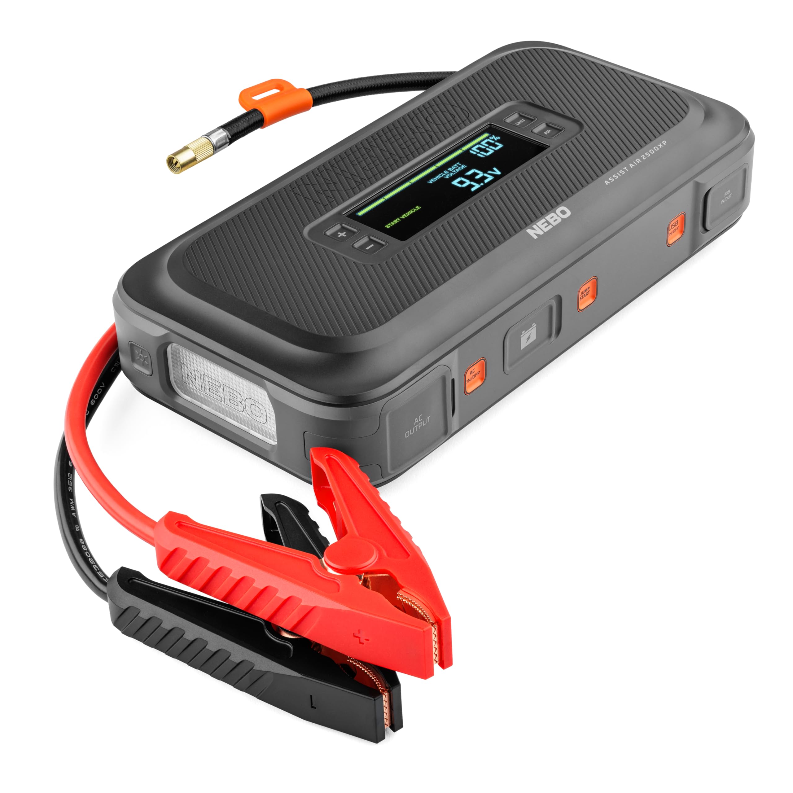 NEBO 2500XP+ Assist Air Jump Starter and Compressor | 4-in-1 2500 Amps Car Jump Starter, Air Compressor 150 PSI, Charger, and Floodlight, USB Compatible, Automotive, Emergency, Spark-Proof Safety