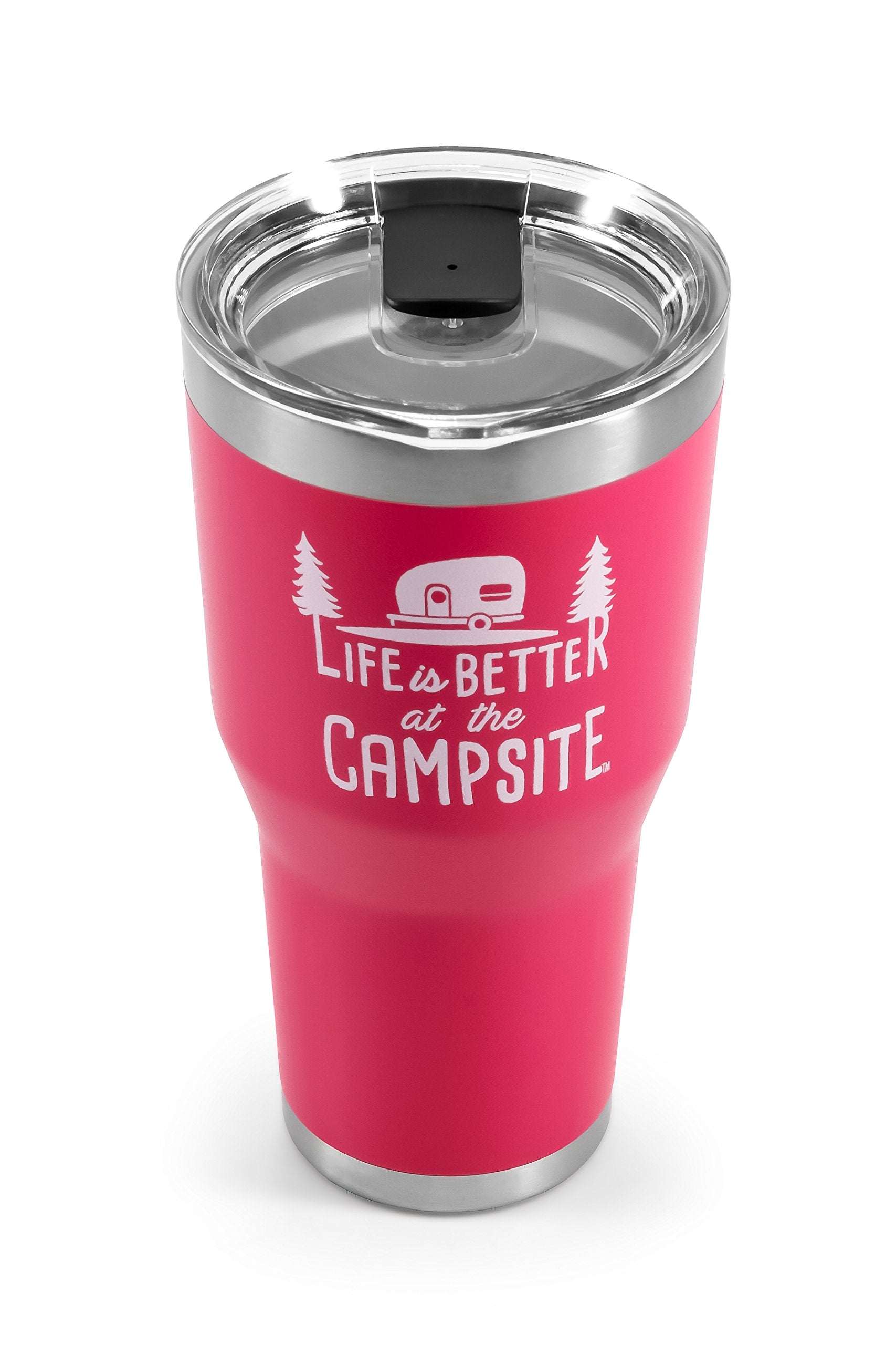 Camco Tumbler Life is Better at The Campsite | Heavy Duty Double Wall Vacuum Insulation | Crafted of 18/8 Stainless Steel | Unique “Life is Better at The Campsite” Design on Coral Pink | 30-oz (53062)