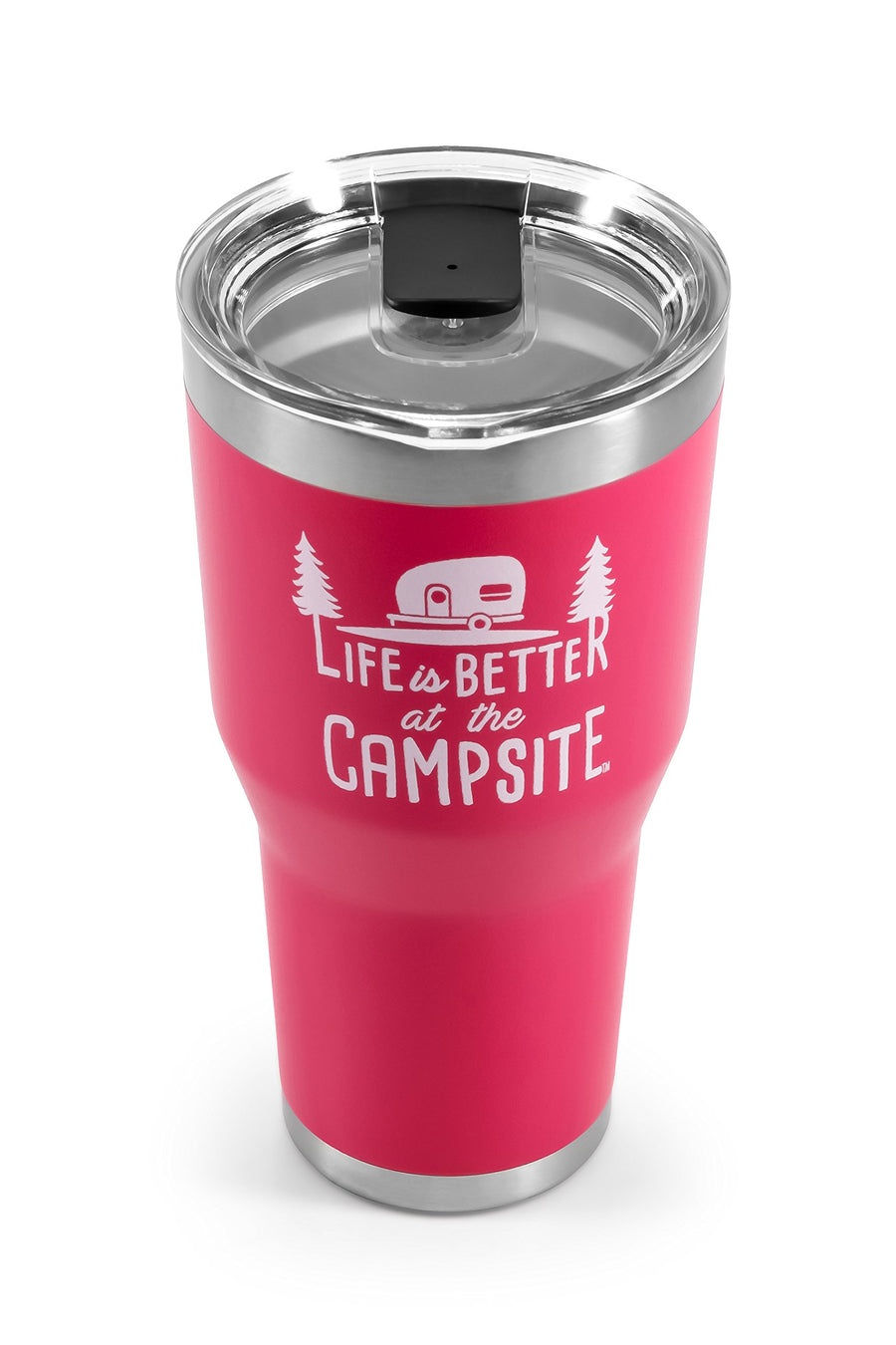 Camco Tumbler Life is Better at The Campsite | Heavy Duty Double Wall Vacuum Insulation | Crafted of 18/8 Stainless Steel | Unique “Life is Better at The Campsite” Design on Coral Pink | 30-oz (53062)