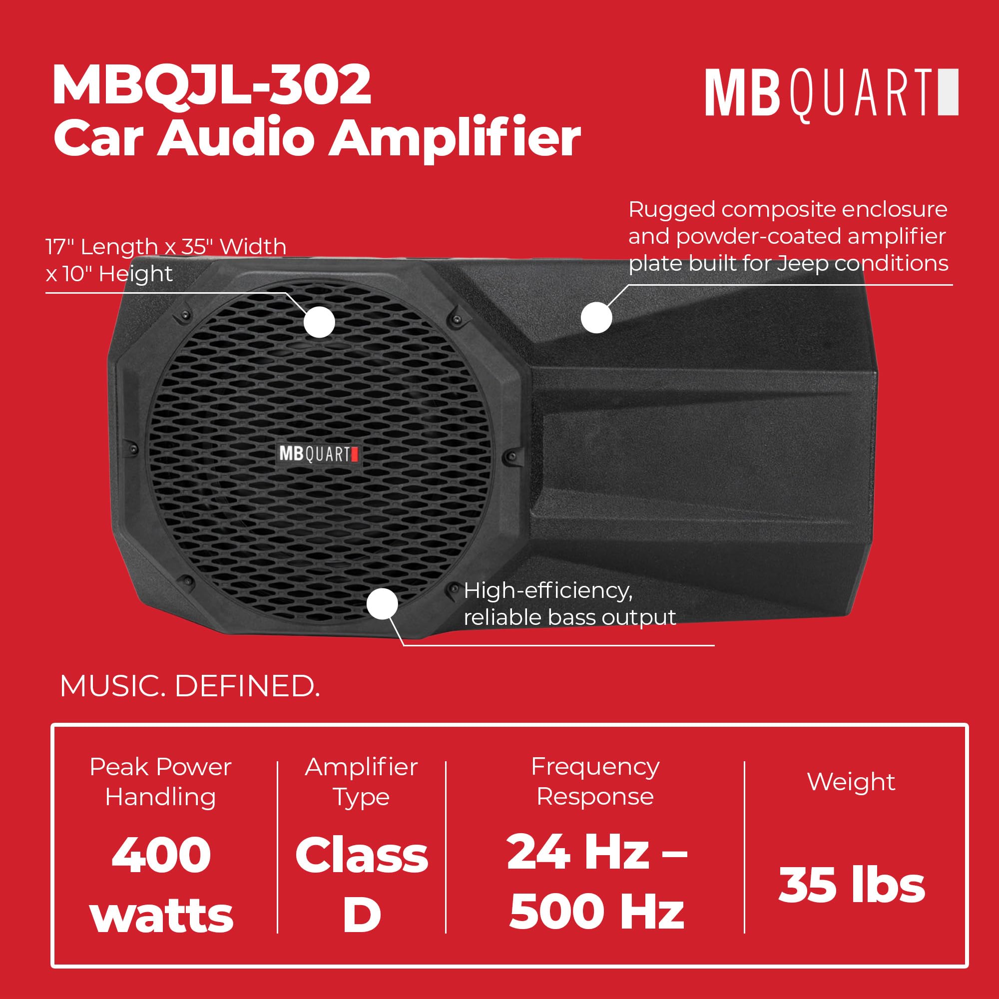 MB Quart 400W MBQJL-302 Jeep Wrangler JL Tailgate Mounted Powered Subwoofer System with Amplifier, Car Audio Bass Kit for Deep Low-End Sound Upgrade