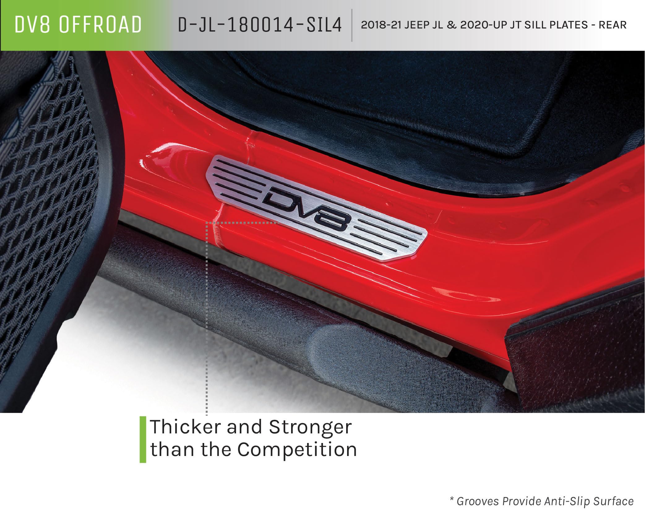 Door Sill Plates DV8 Offroad for 2018-Current Wrangler JL and 2020-Current Gladiator JT | Rear Pair | Embossed with DV8 Logo | Billet Aluminum Construction | D-JL-180014-SIL4