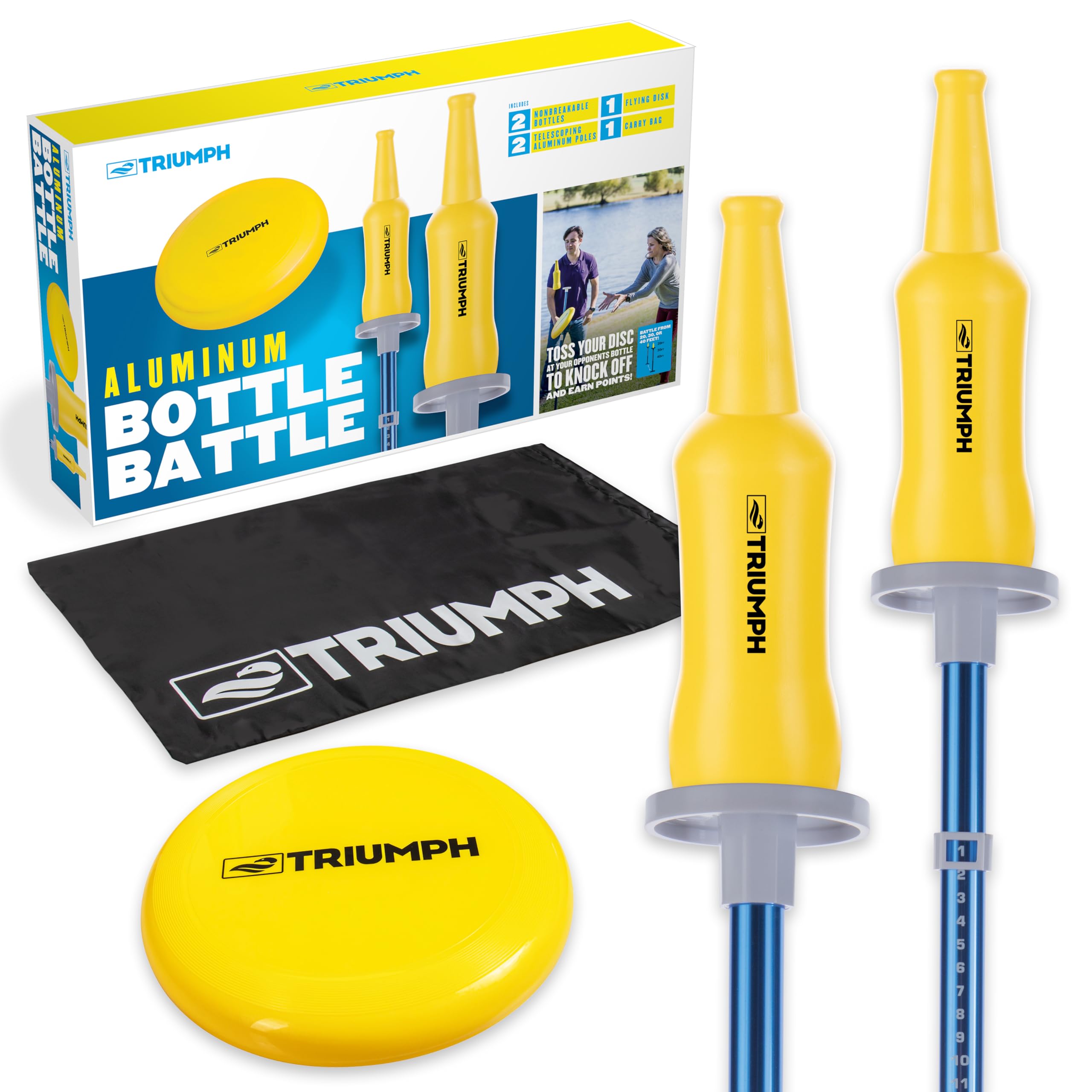 Battle Disc-Throwing Triumph Sports Bottle Outdoor Target Game Includes Two Aluminum Telescoping Poles, Two Non-Breakable Bottles, and Disc, Blue