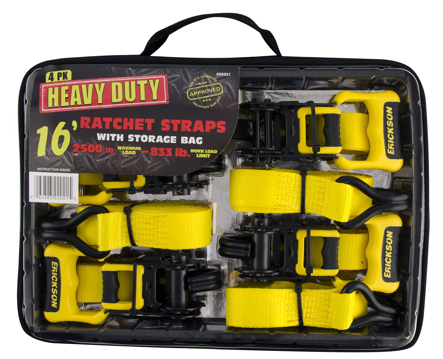 Zippered Storage Bag Erickson 02021 (Contains 4 Rubber Handle Ratchet Tie-Down, 4 Pack (1.25" Wide x 16' Long, 2500lb Load Capacity)