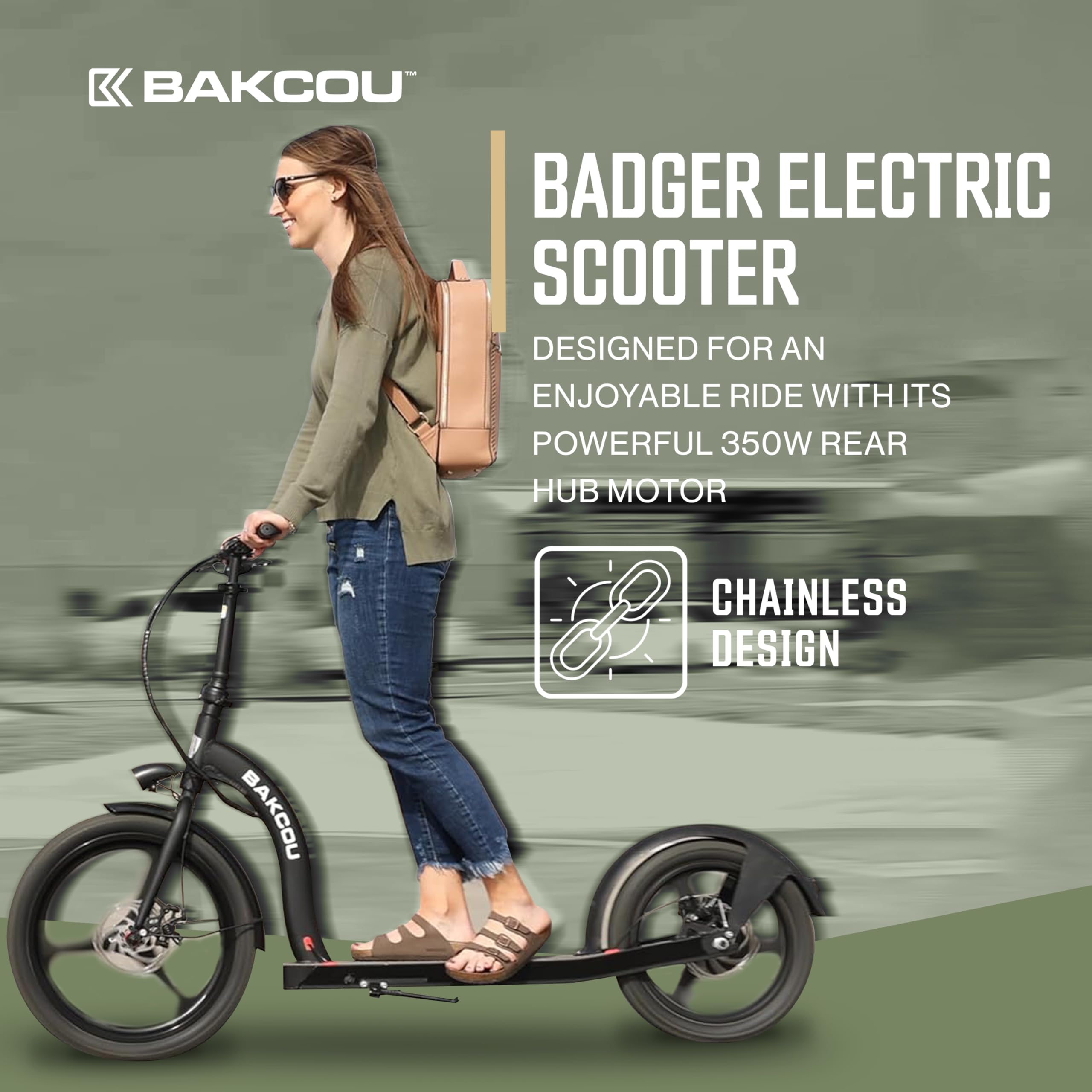 Bakcou - Electric Scooter Foldable Badger with Seat - Gloss White - 350W Motor 36V Battery, Large Wheels, Disc Brakes with Lights, Horn & Charger
