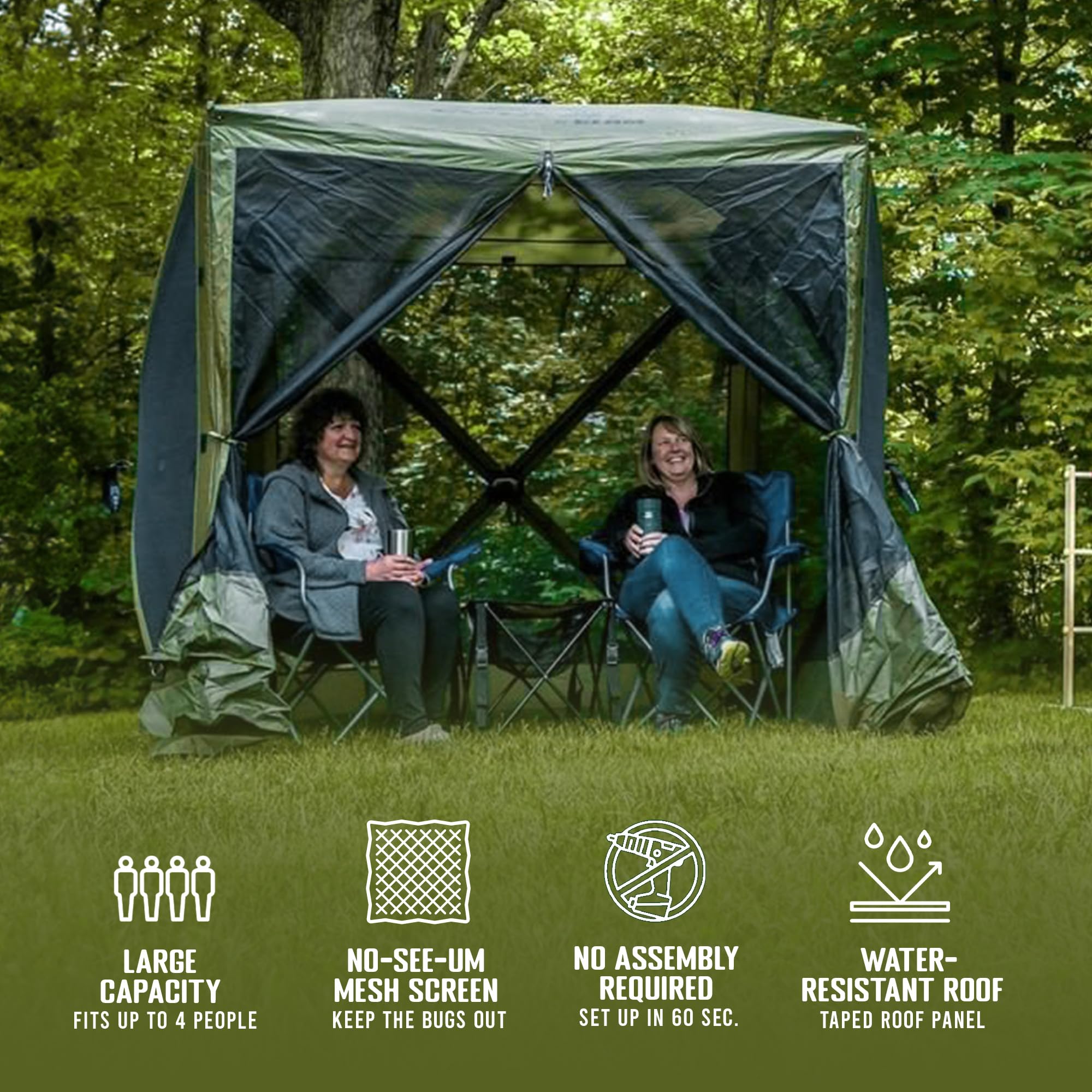 Pop Up CLAM Screen Tent, Outdoor Camping Gazebo Canopy, Traveler, 6' x 6', Green