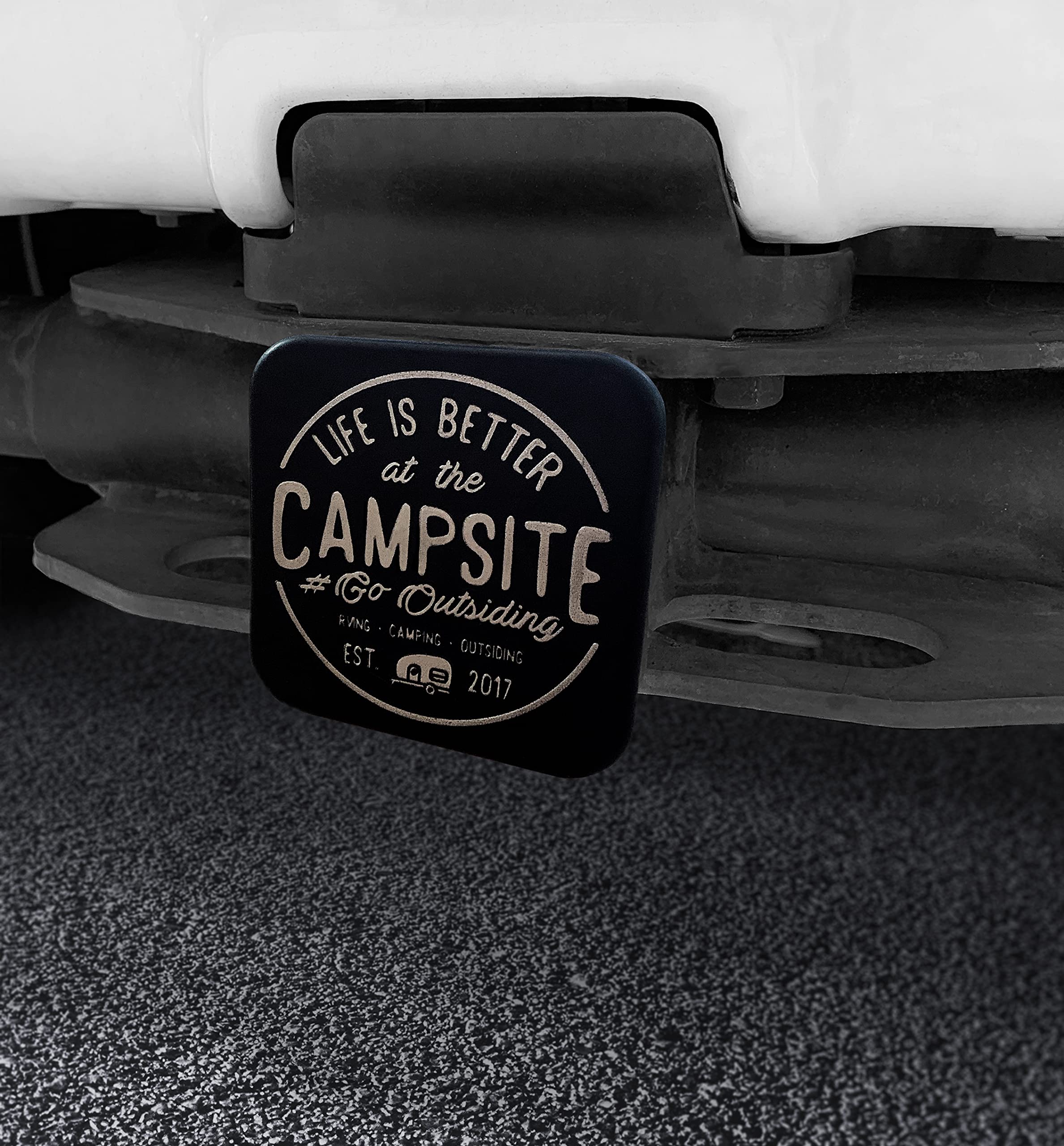 Hitch Receiver Cover Camco Life is Better at The Campsite | Protects Your Trailer Hitch Receiver from Debris, Dirt, Water and Rust | Life is Better at The Campsite Emblem, Black/Silver (53411)