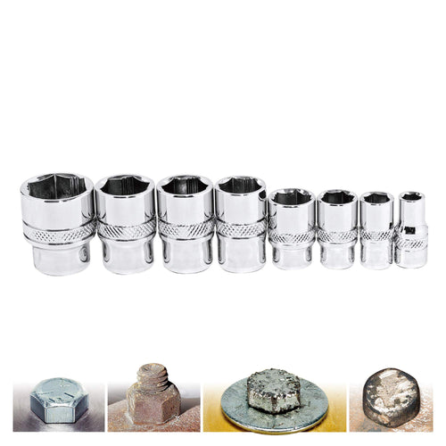 8 Piece Powerbuilt Metric Zeon Socket Set - with use for Standard, Rusted, Rounded Bolts and Nuts, Size from 6mm to 19mm , Silver
