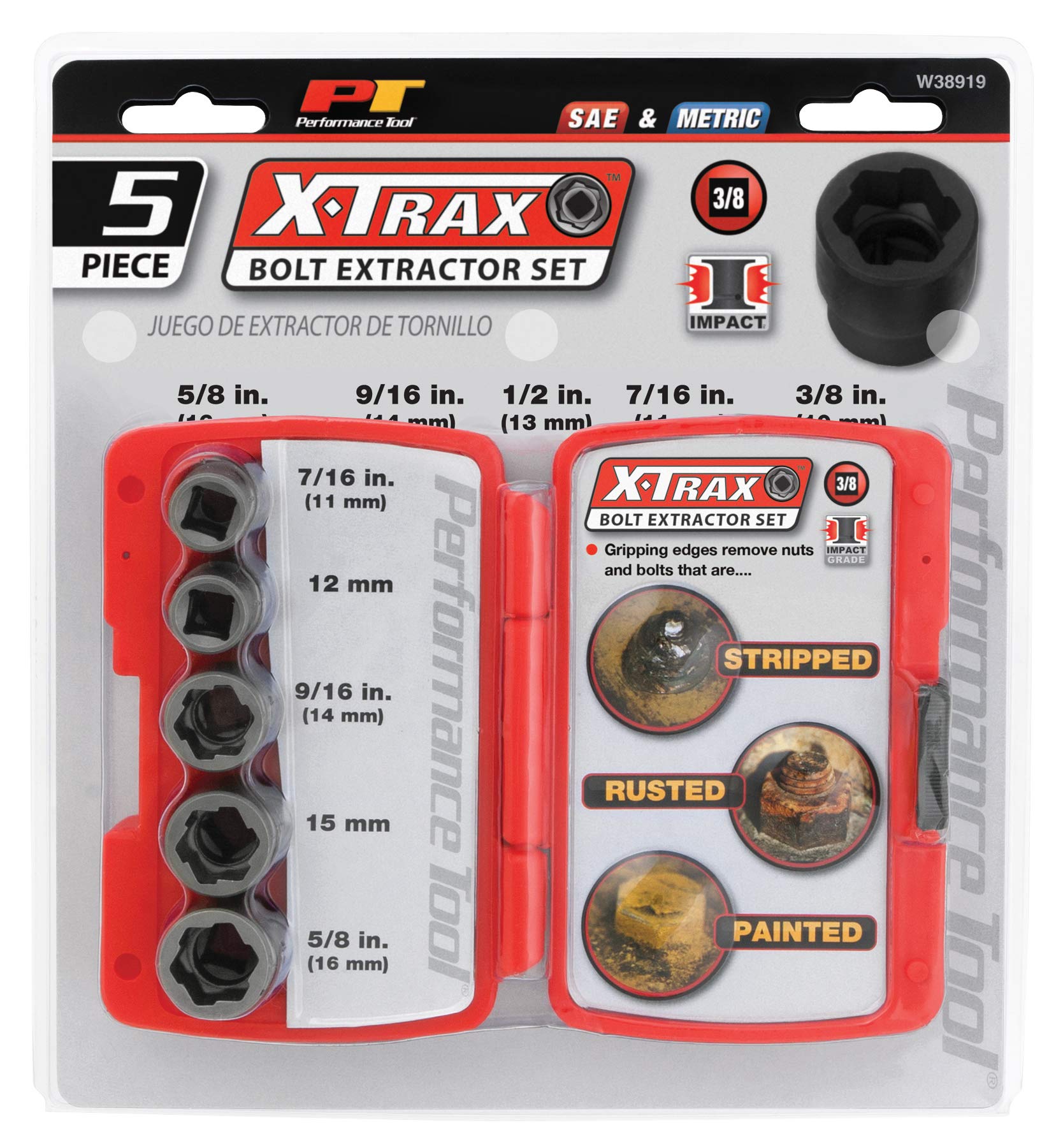 W38919 Performance Tool 3/8-Inch Drive 5 Piece Bolt Extractor Set (Metric/SAE)