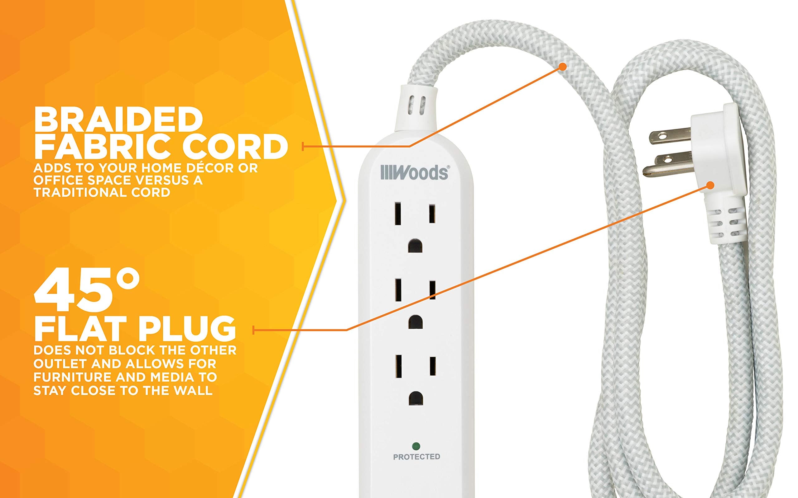 3-Outlet Surge Protector 41026 with 3.9A USB-A & USB-C Charger, 250 Joules of Surge Protection and 4' Braided Fabric Cord