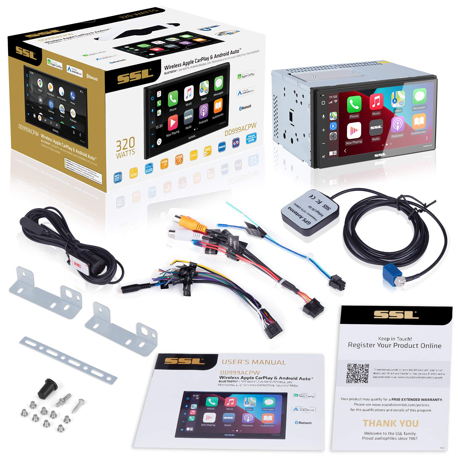 Apple CarPlay Sound Storm Laboratories DD999ACPW Wireless Android Auto Car Multimedia Player - Double-Din, 6.75 Inch Capacitive Touchscreen, Bluetooth, USB, No CD DVD Player, Multi-Color Illumination
