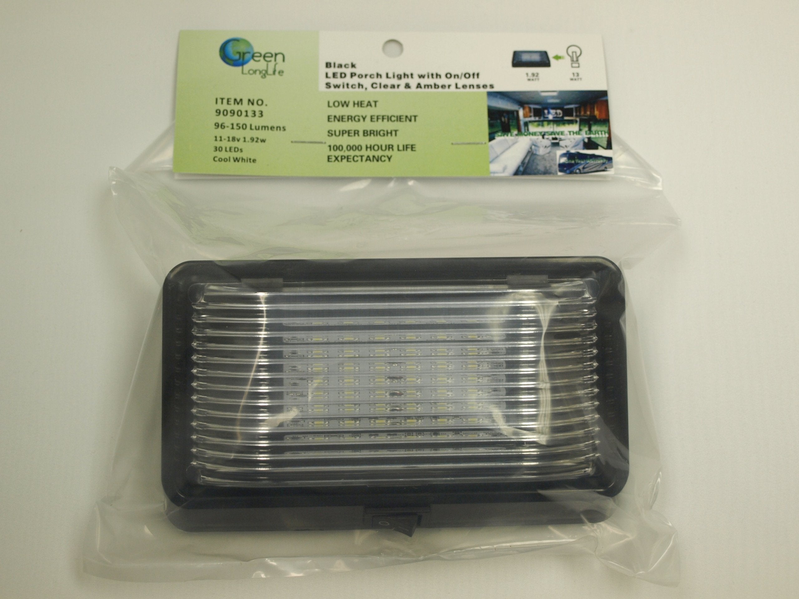 Long Life Green LED RV Porch Lights (Black, Rectangle with on/Off Switch)