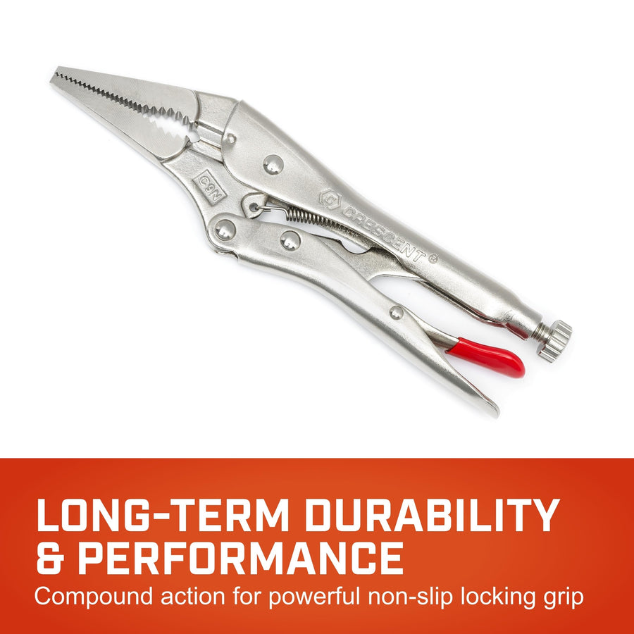 Crescent Locking Pliers Long-Nose with Wire Cutter - Premium Cutting Pliers with Angled Tooth Pattern & Compound Action - Nickel-Plated for Corrosion Resistance - C9NVN-08-9", Red