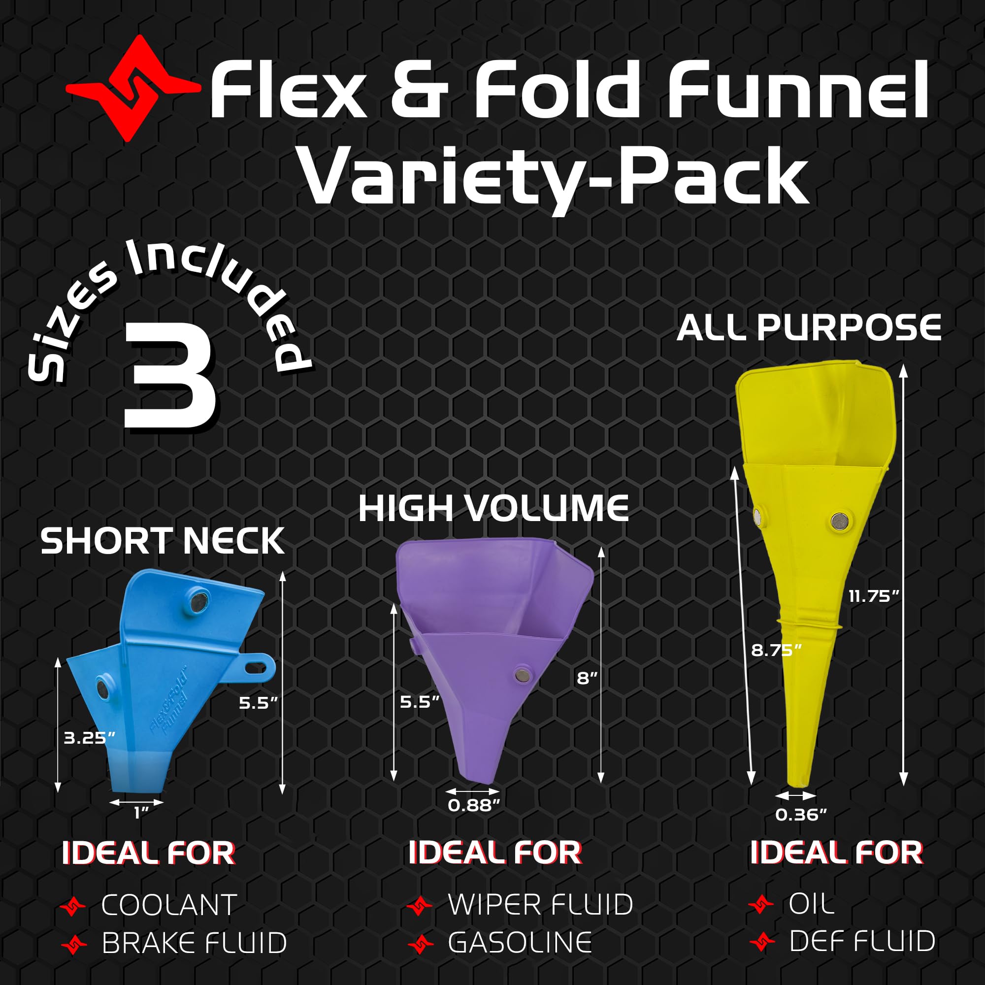 Flex & Fold Caliber Variety-Pack, Set of 3 Flexible Funnels for Automotive Use, 3 Sizes Suitable for a Variety of Fluids