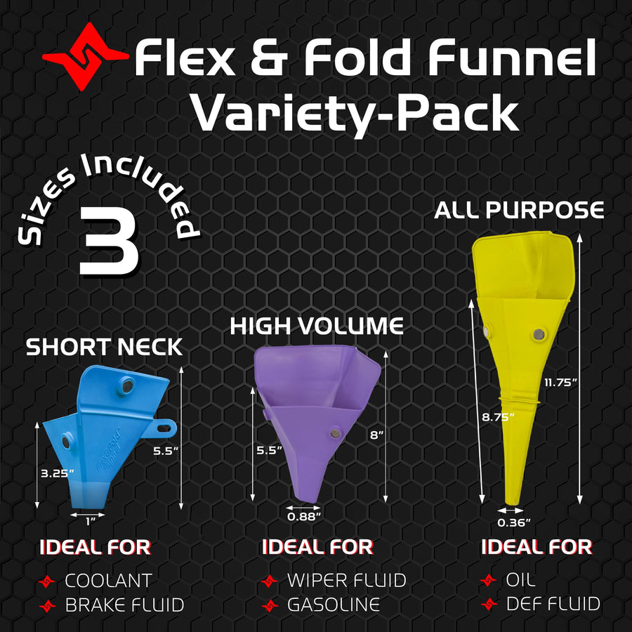 Flex & Fold Caliber Variety-Pack, Set of 3 Flexible Funnels for Automotive Use, 3 Sizes Suitable for a Variety of Fluids