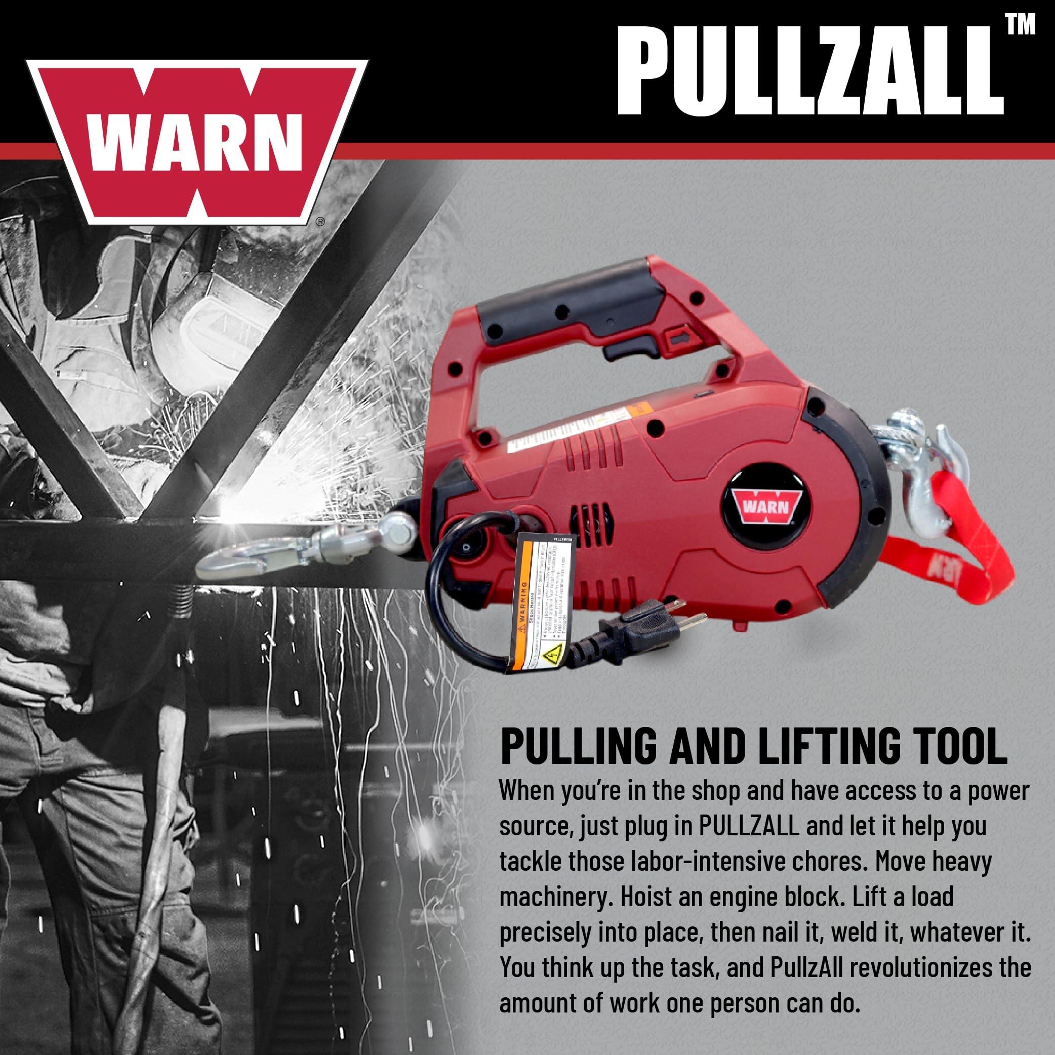PullzAll WARN 885001 Corded 120V AC Portable Electric Winch with Steel Cable and Swiveling Anchor Hook for Hoisting an Engine Block: 1,000 lb (1/2 Ton) Pulling Capacity, Variable Speed Control.