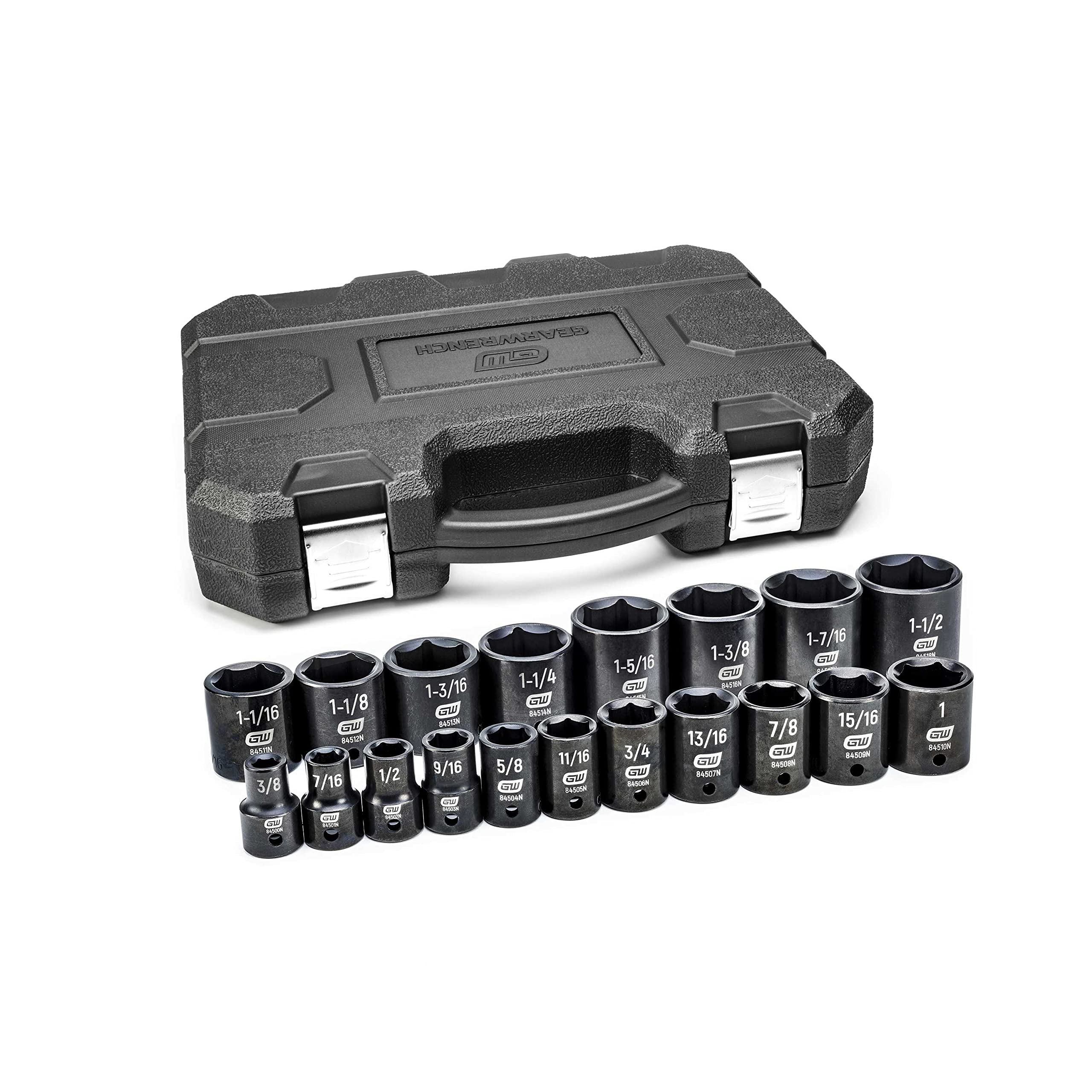 19 Pc. GEARWRENCH 1/2" Drive 6 Pt. Standard Impact Socket Set, SAE - 84932N