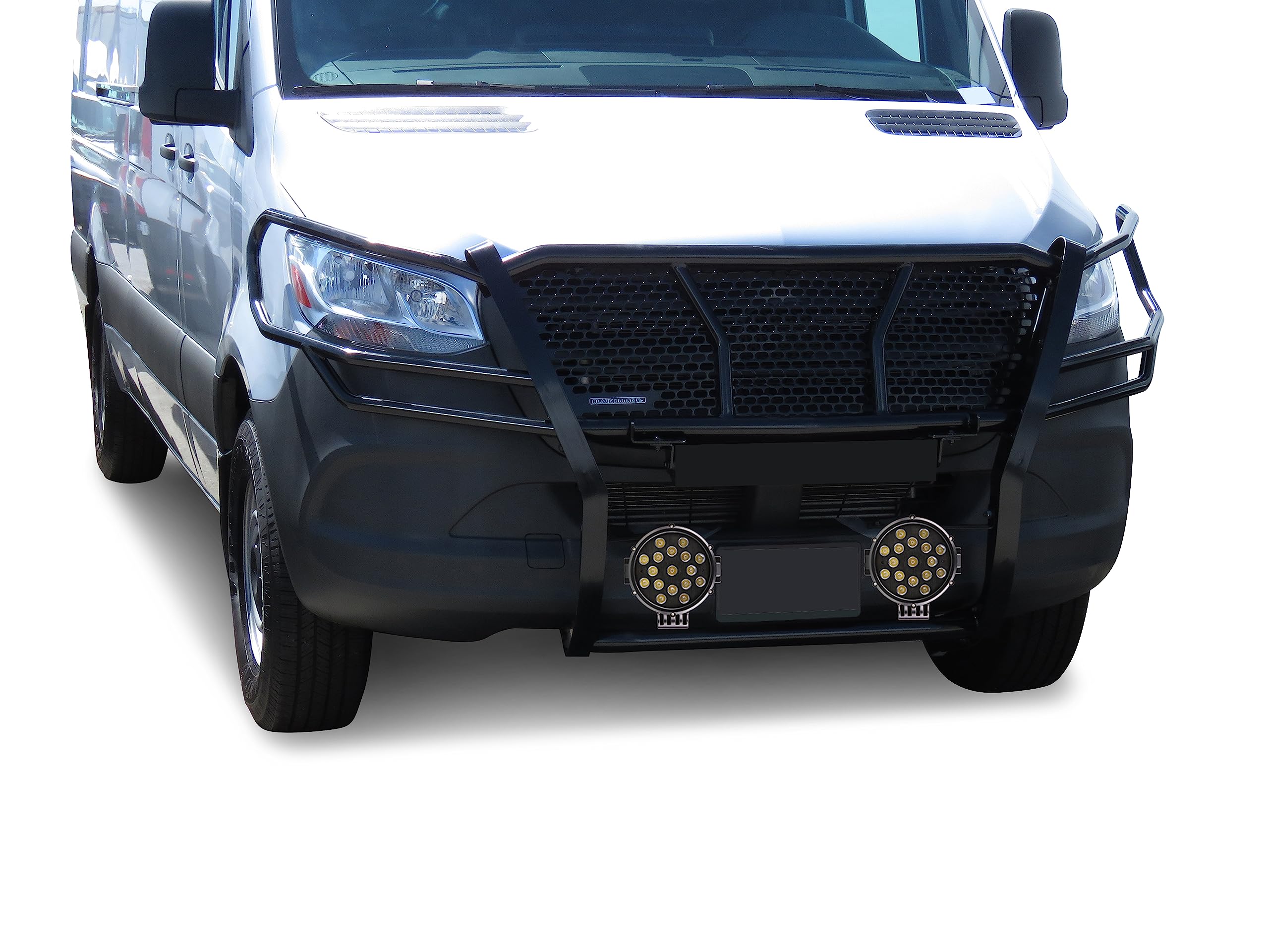 RUGGED HD Black Horse Grille Brush Bumper Guard Modular Come With pair of 7.0"LED Light with Black Trim Ring Compatible with 2019-2025 Dodge Sprinter-Benz sprinter 1500/2500/3500-RU-DOSP19-B-PLB