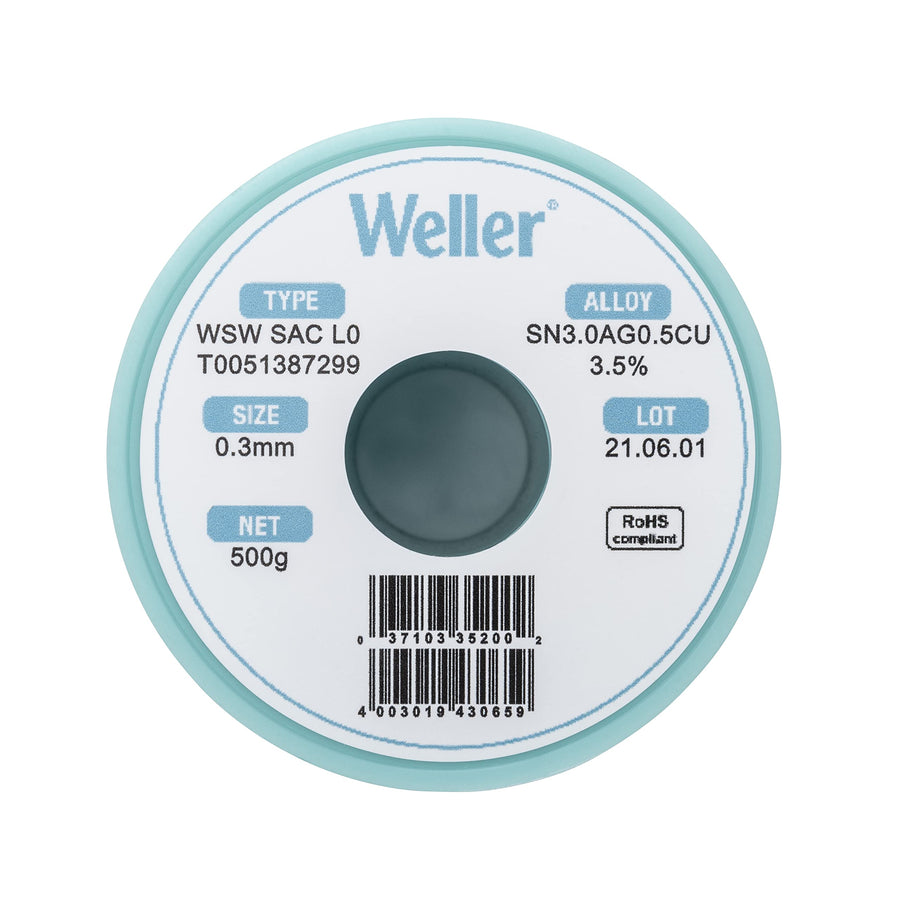 Weller Lead Free Solder Wire WSW SAC L0 (T0051388399), Dia: 0.3 mm / 0.012 in, Wt: 100 g / 3.527 oz, Alloy Sn96.5Ag3.0Cu0.5, Flux content 3.5%