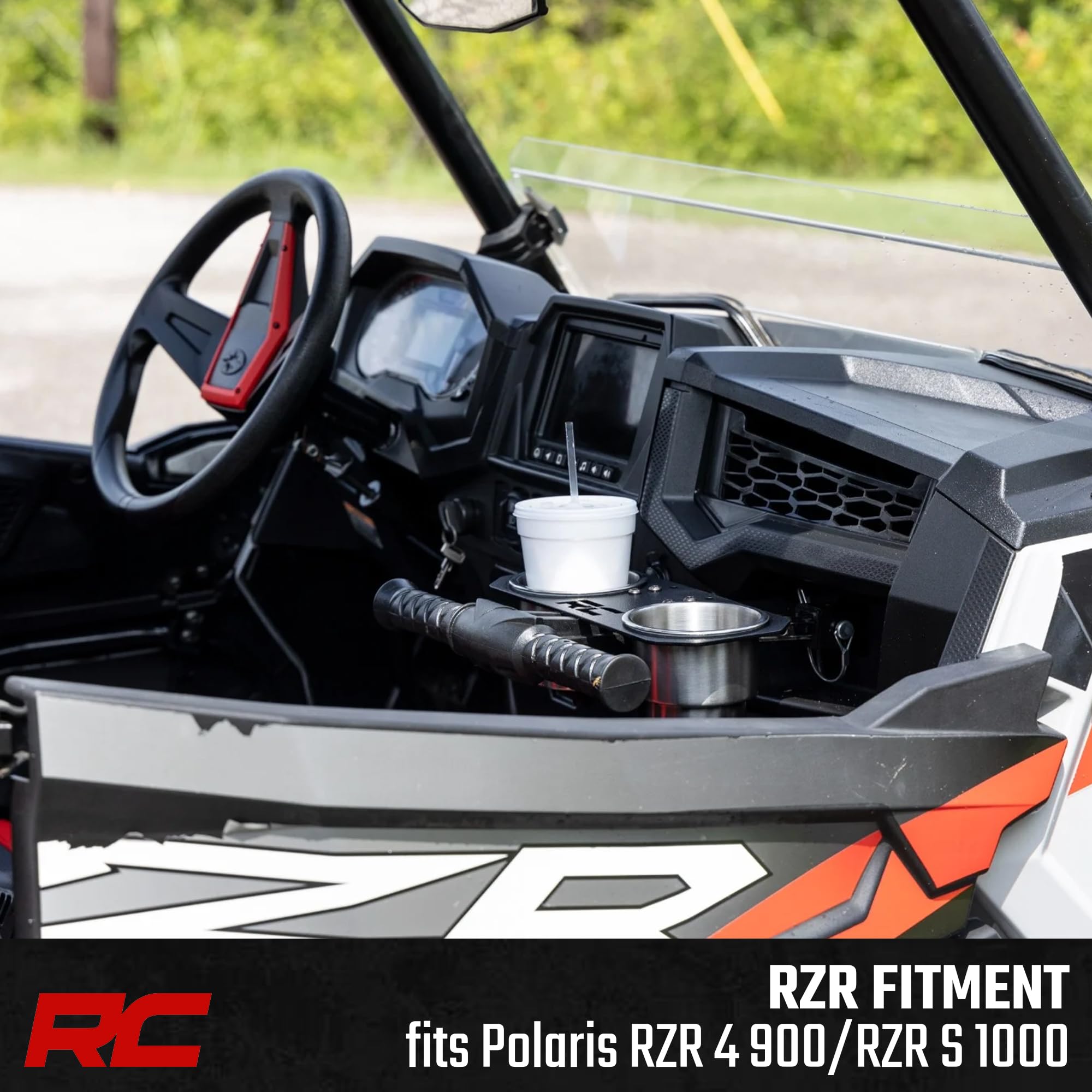 Rough Country Dual Cup Holder Passenger Grip Handle for Polaris RZR 4 900 / RZR S 1000 - Stainless Steel, Trail-Ready Drink Mount