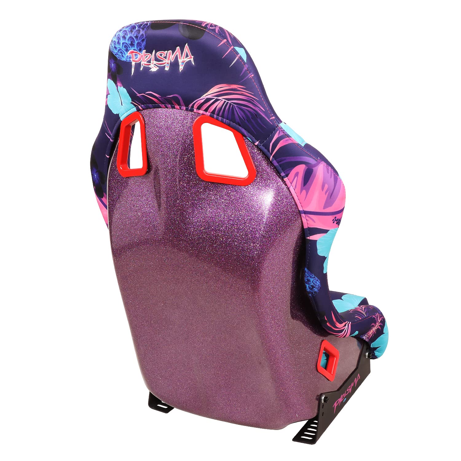 NRG Innovations Prisma FRP-303-PINA Fixed Back Bucket Racing Seat with Bottom Mount Bracket, Invert Tropical Print/Purple Sparkled Paint Back