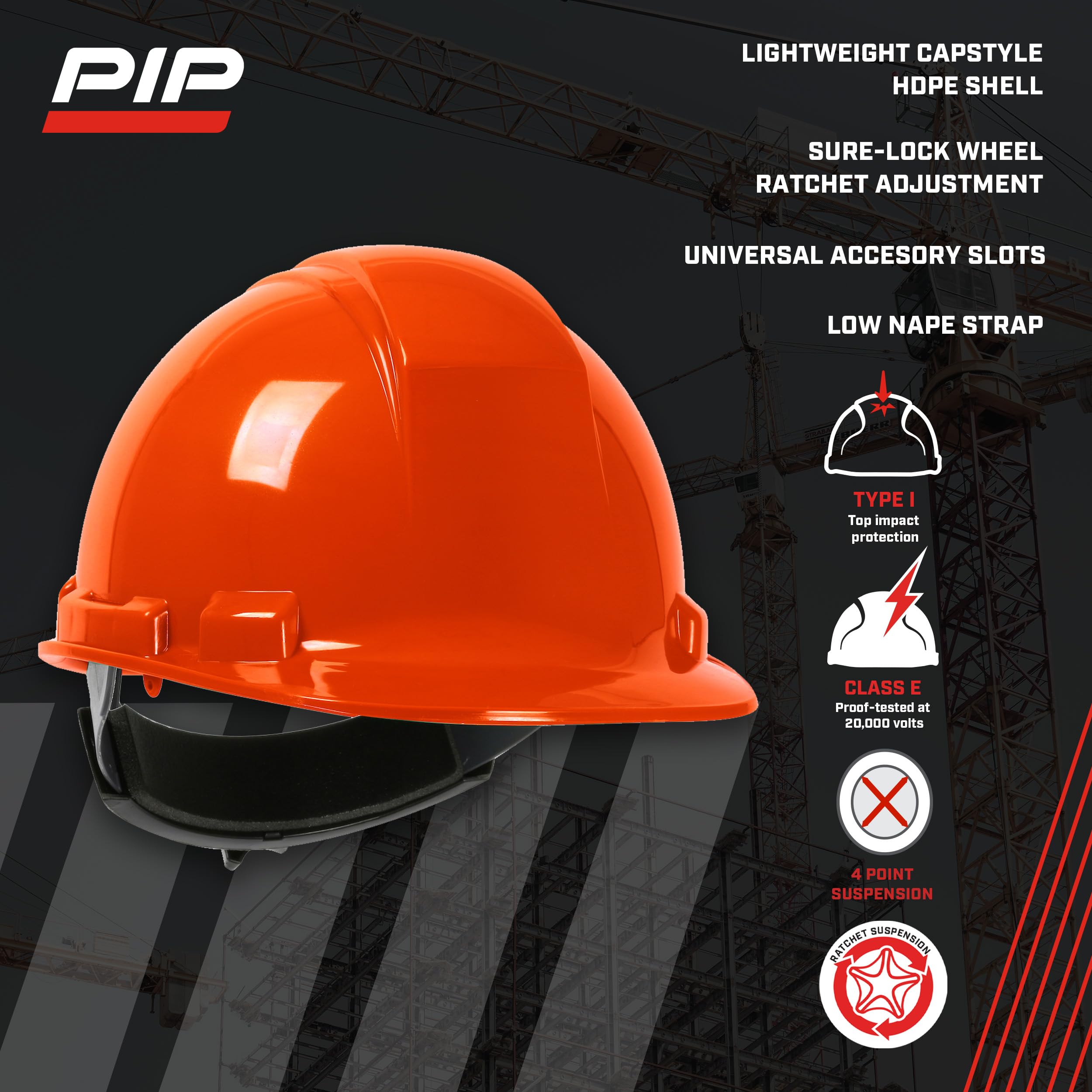 Whistler Cap Style Dynamic Hard Hat, HDPE Shell, ANSI Type 1, Class E, 4-Point Suspension, Wheel Ratchet Adjustment, Hi-Vis Orange (280-HP241R-31)