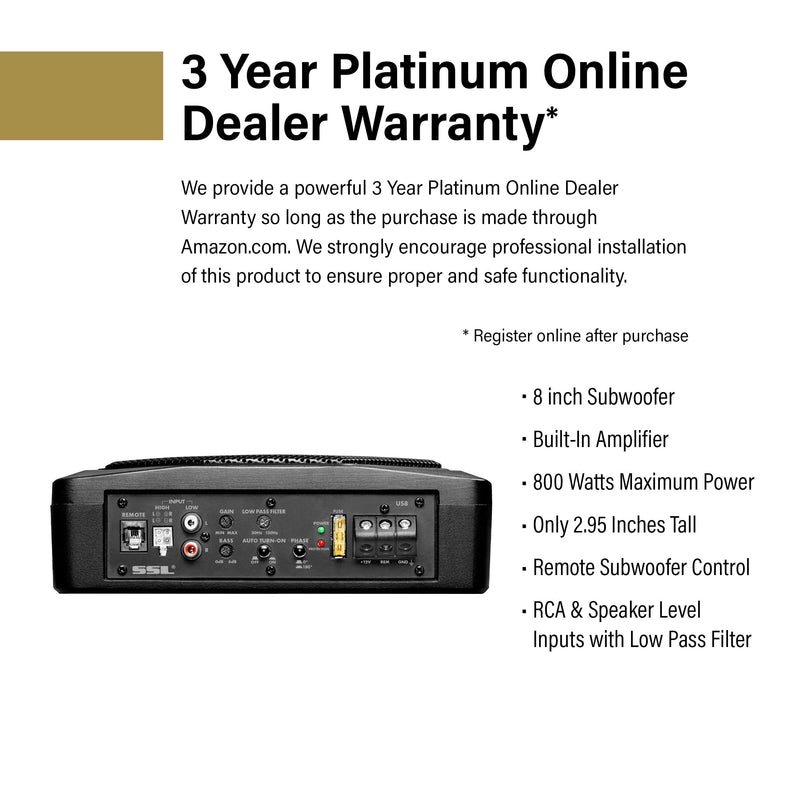 Sound Storm Laboratories 8 Inch US8 Powered Car Audio Under Seat Subwoofer - 800 Watts Max, Low Profile, Built in Amplifier, for Truck, Boxes and Enclosures, Remote Subwoofer Control