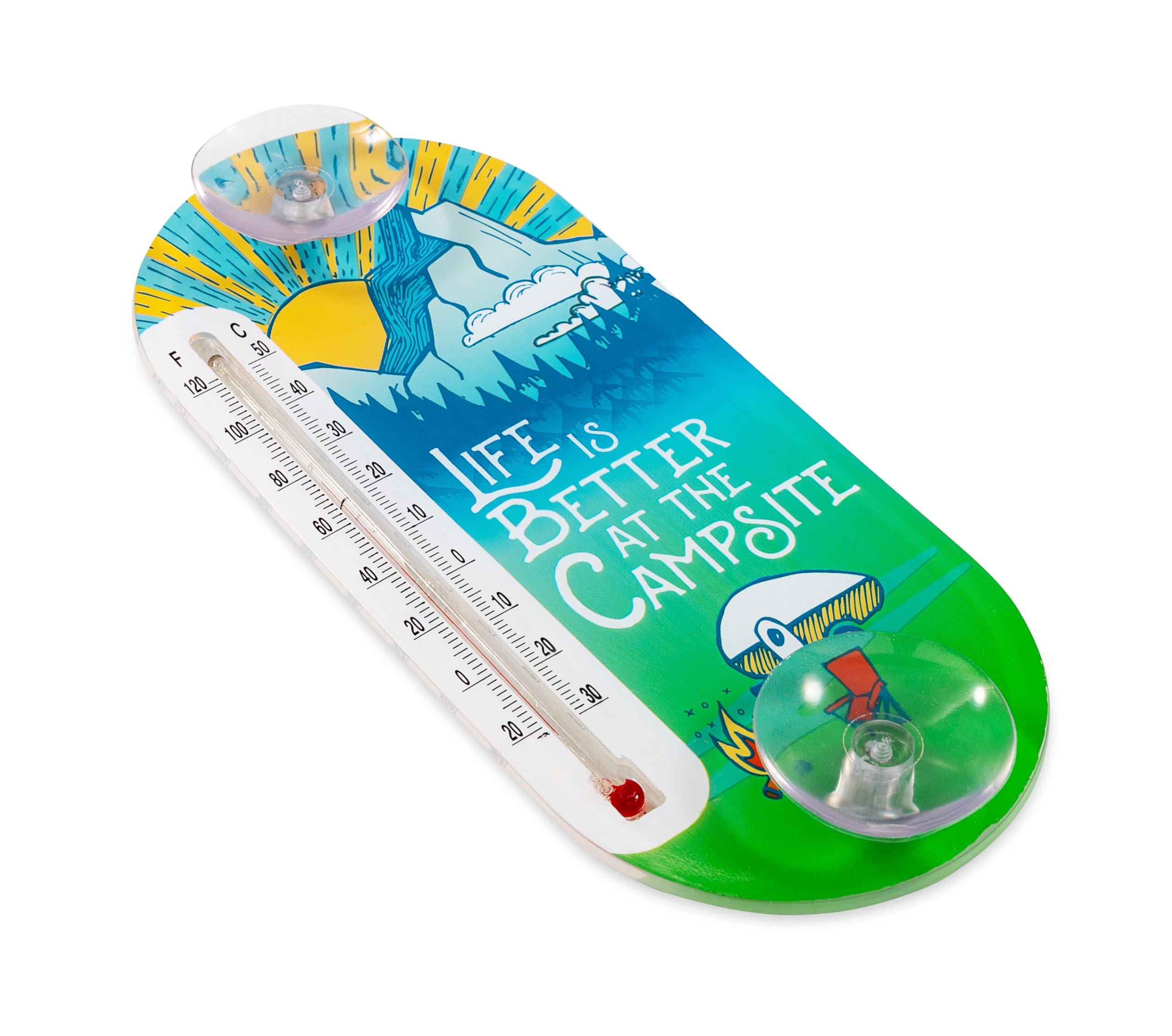 Indoor Outdoor Thermometer Camco Life is Better at The Campsite - Features Temperature Range from -22°F to 122°F & -30°C to 50°C - Includes 2 Suction Cups for Window Placement - Camping Design (53366)
