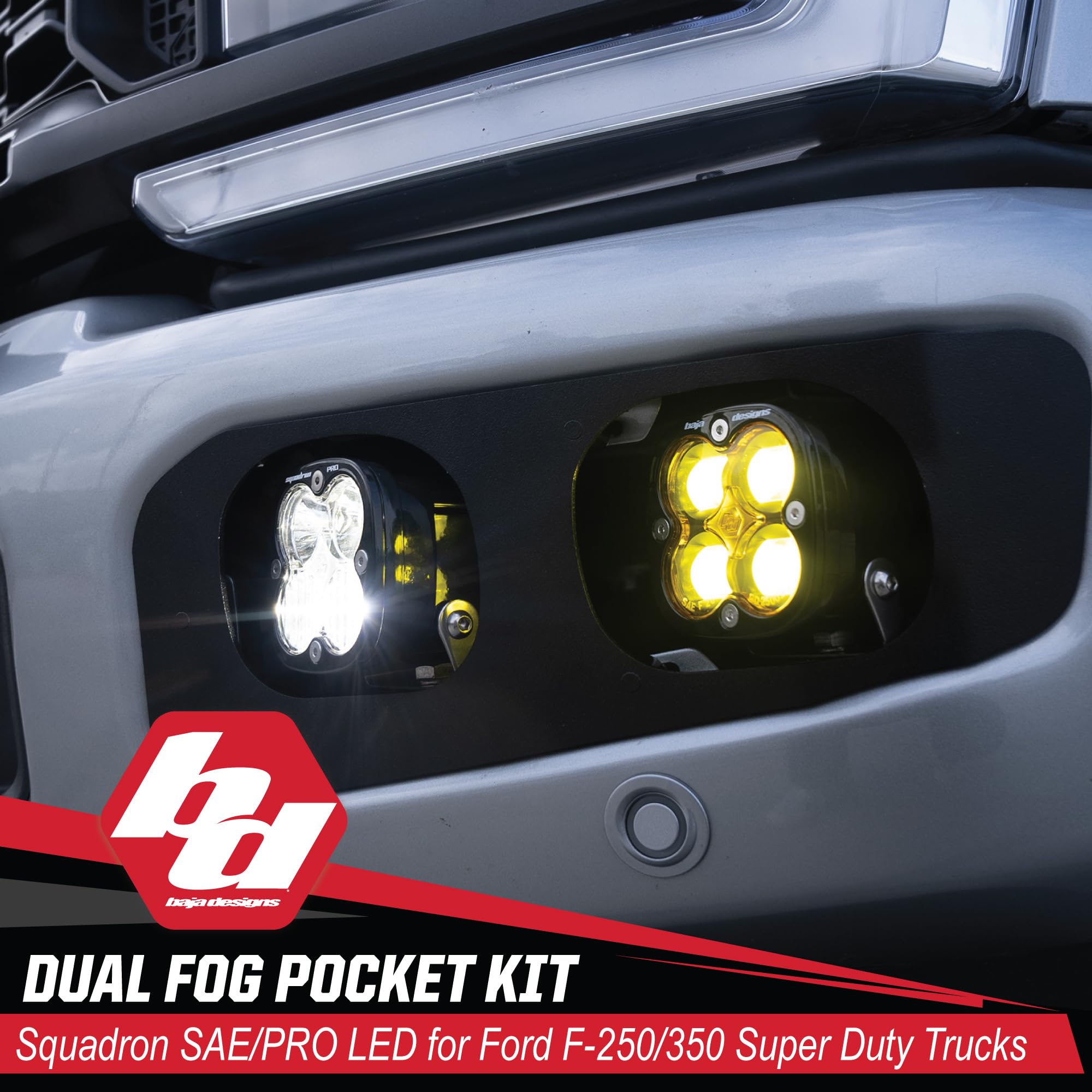 Baja Designs Dual Pro Squadron SAE LED Fog Pocket Light Kit for Ford Super Duty Truck 23-On with Upfitter Harness Clear