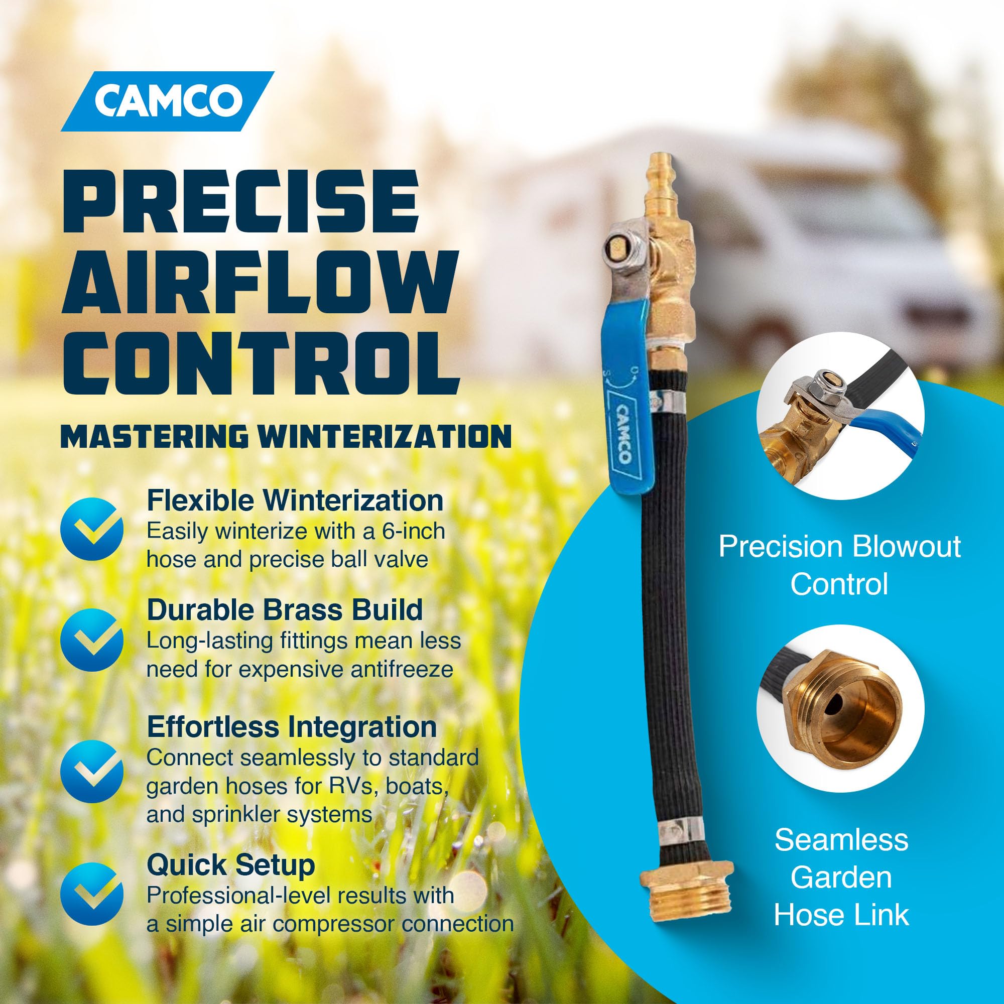 Camco Winterization RV Fresh Water Blow Out Hose with Ball Valve - Easy to Use & Features Double Brass Build - Essential RV Winterizing Tool - for Use with an Air Compressor (36170)