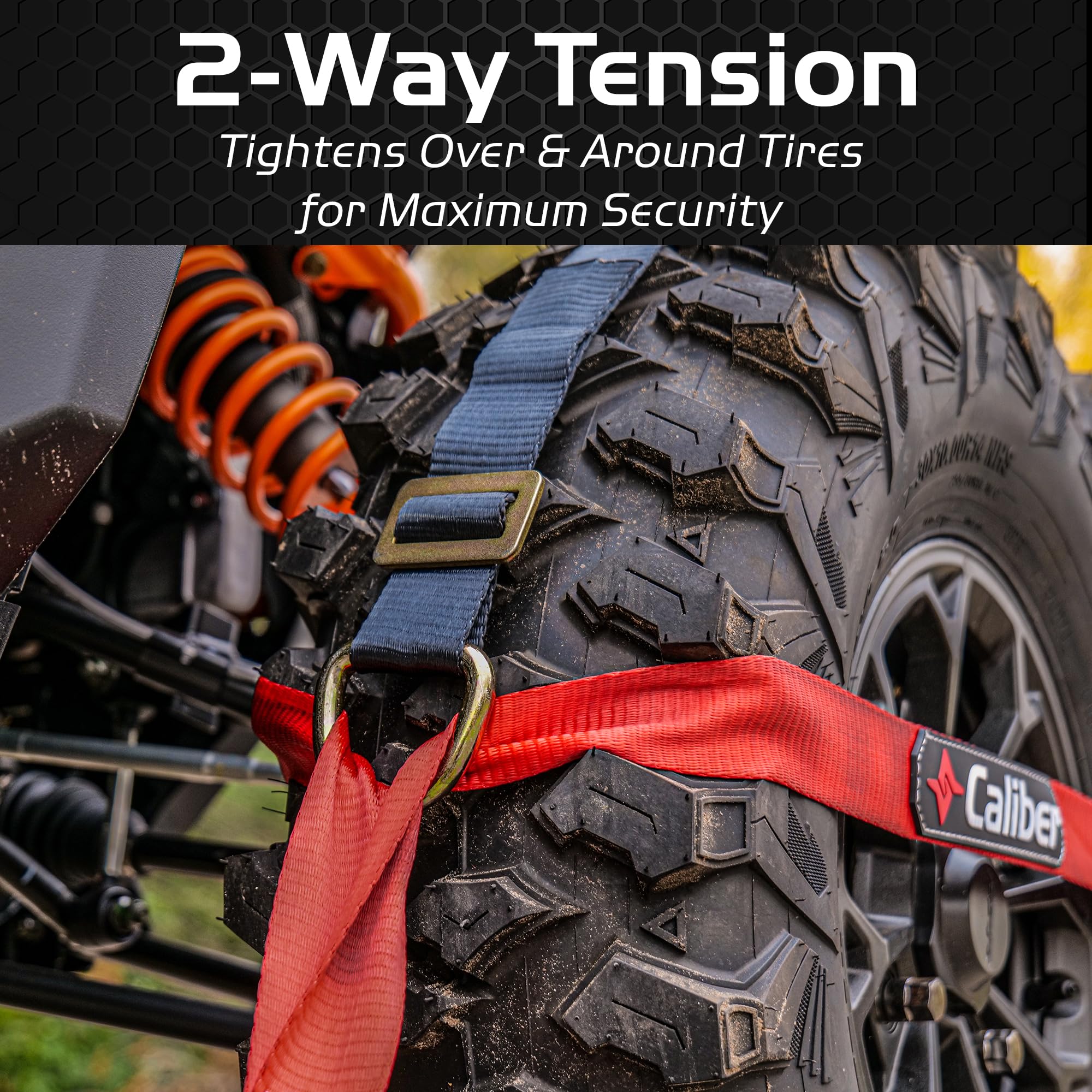 Caliber Heavy-Duty Trailblazer ORV Tie Down Straps, 2-Way Tension Around Tire with 11,000 lbs. Break Strength, 4-Pack