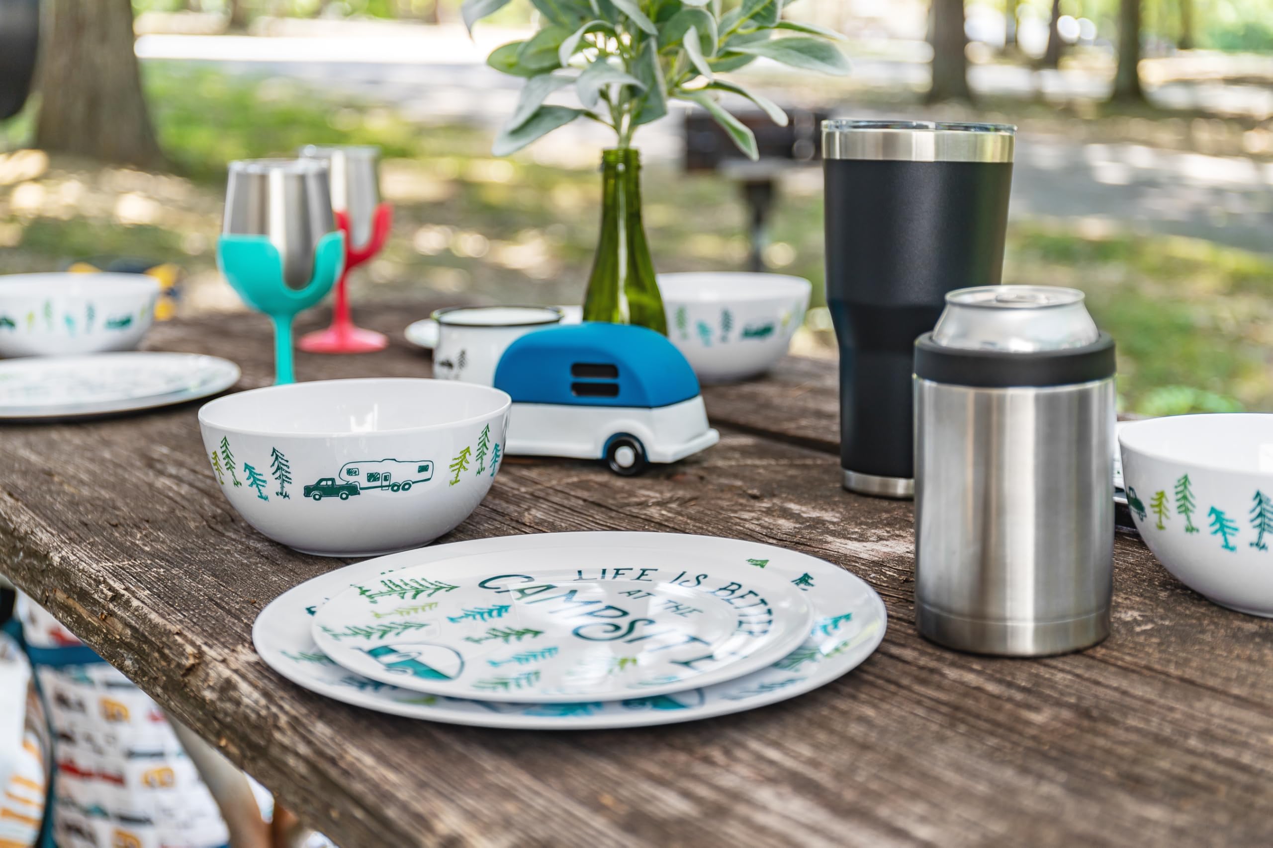 8 oz Wine Tumbler Camco Life is Better at The Campsite 2 Pack - Heavy Duty Double Wall Vacuum Insulation - Crafted of 18/8 Stainless Steel - Features Removable Blue & Pink Stems (51915)