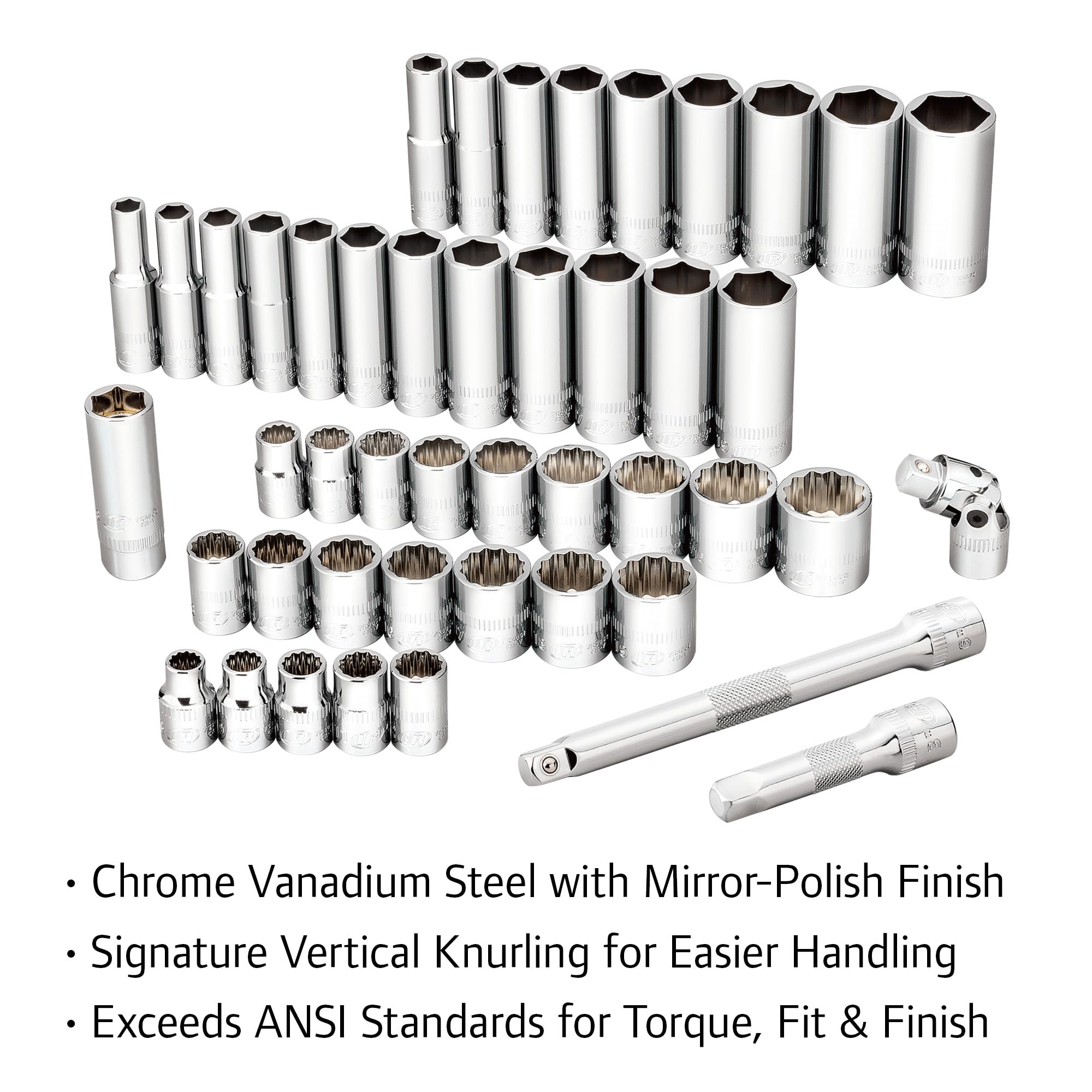 Ingersoll Rand 3/8-Inch Drive 68 Piece Metric/SAE Mechanics Tool Set, 72 Tooth Seal Headed Ratchet Handle, Chrome-Vanadium Steel Shallow/Deep Sockets, Universal Joint Socket - 752018