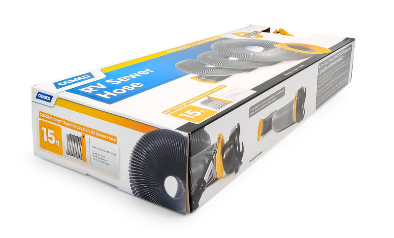 Camco High Tensile Strength Durable Vinyl Sewer Hose with Steel Wire Core and Self Clamping Fittings – 15’ Hose, Great for Year Round RVing Compresses to 34” for Simple and Easy Storage, Gray (39901)