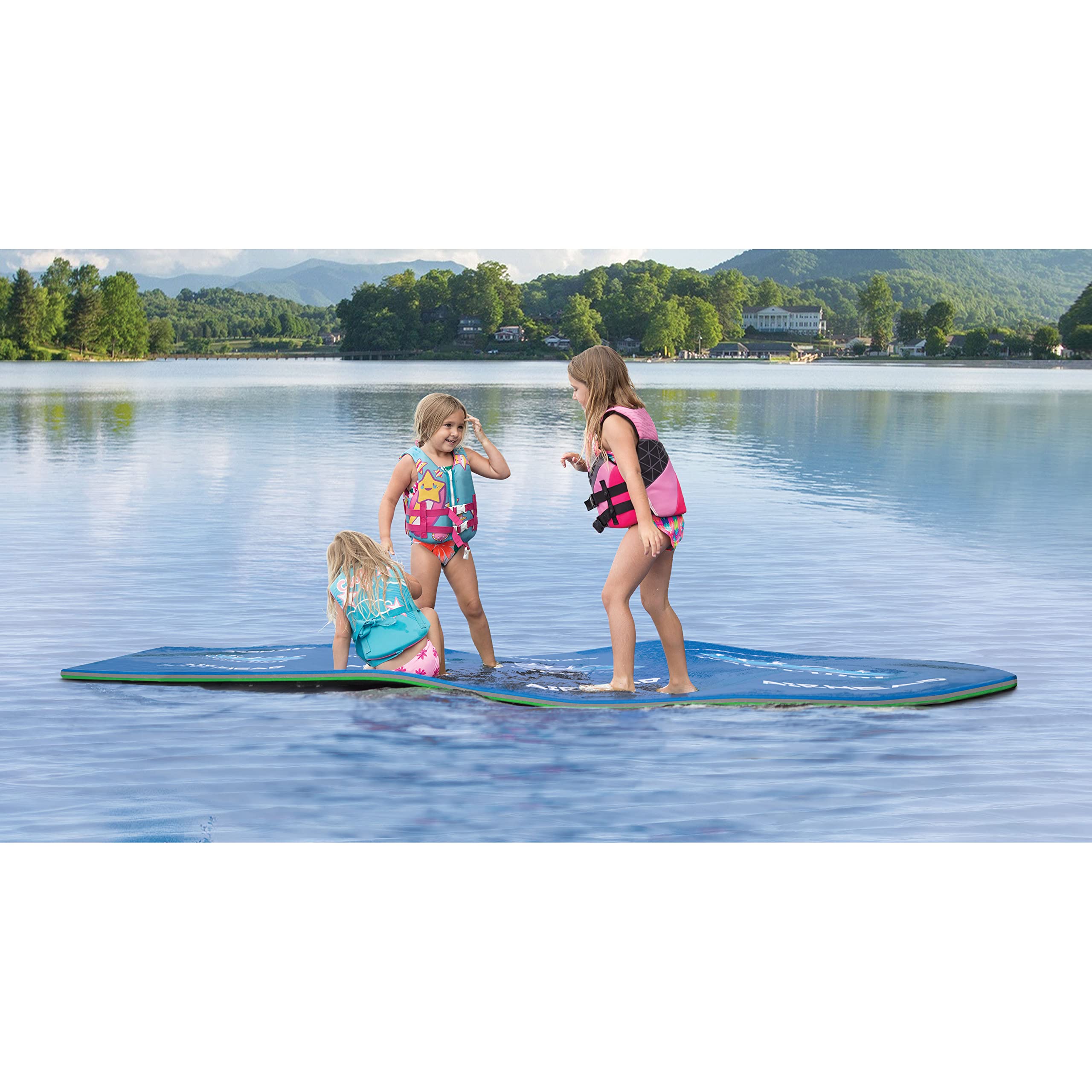 WATERMAT ROLL 'N GO Airhead 1 – Floating Water Mat – Ultimate Portable Oasis – Diamond Finish for Comfort and Durability, Green / Blue