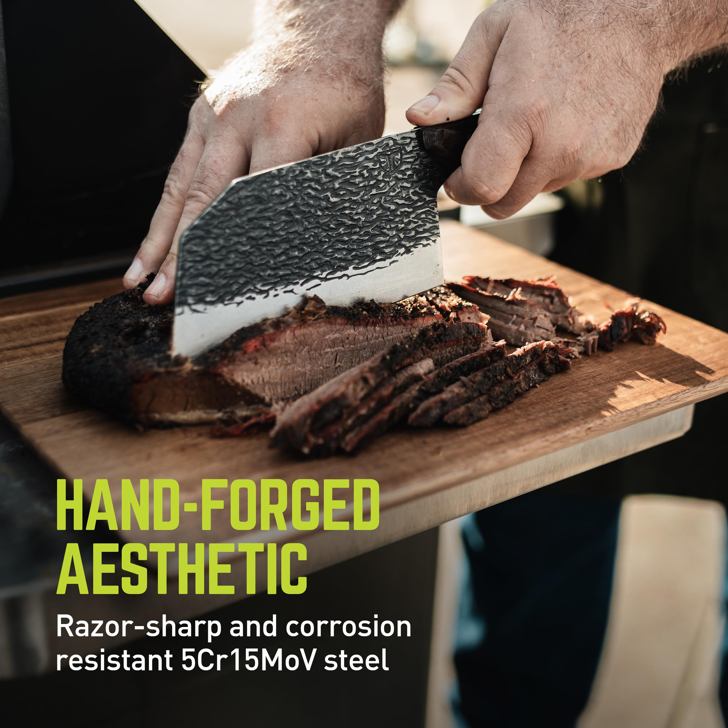 PrimalForge TRUE Chopper Knife | Easy Chopping, Home & Professional Use, Sharp 5Cr15MoV Stainless Steel Blade, Wood Handle, Hand Forged Appearance, Hand Wash Only